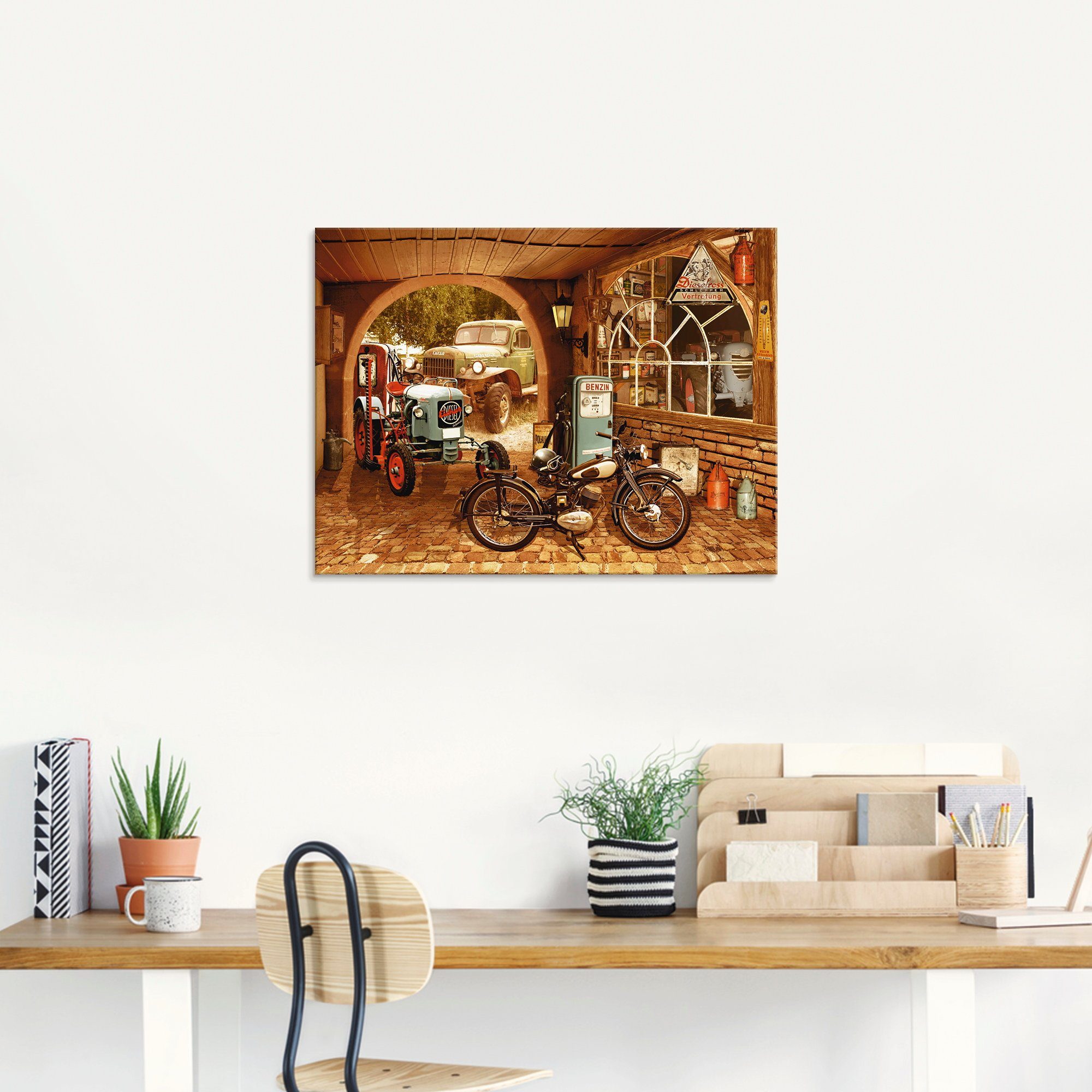 Artland Glasbild Werkstatt mit Traktor und Motorrad, Traktoren (1 St), in verschiedenen Größen