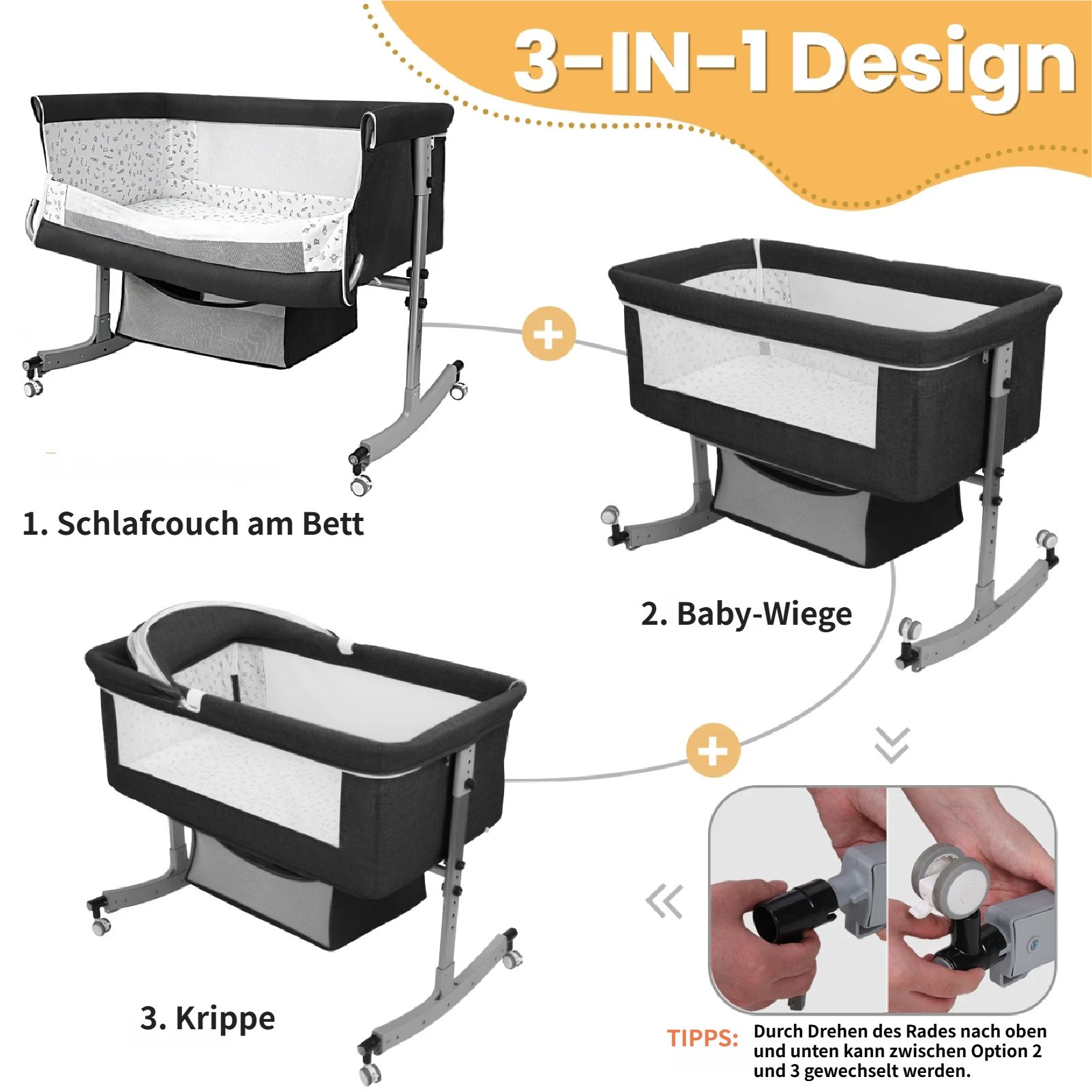 Rutaqian Beistellbett 3 in 1 Babybett & Babywiege & Reisebett,Stubenwagen, Bis 10KG, mit Rollen Kinderbett,Matratze,Moskitonetz,6-stufige Höhenverstellung