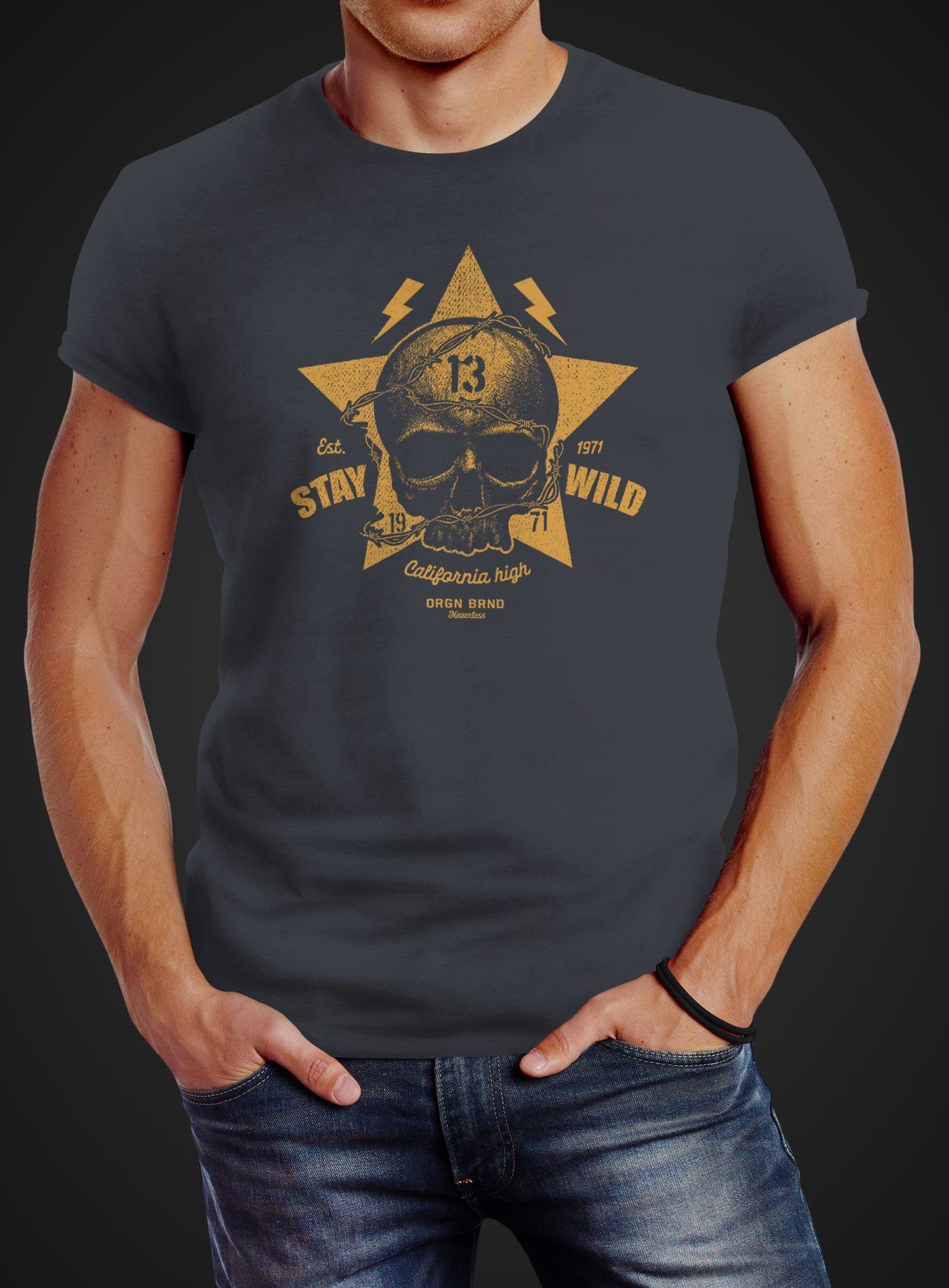 Motiv Stay Herren Print Fit Totenkopf Neverless® T-Shirt mit grau Skull Wild Printshirt Print-Shirt Neverless Slim