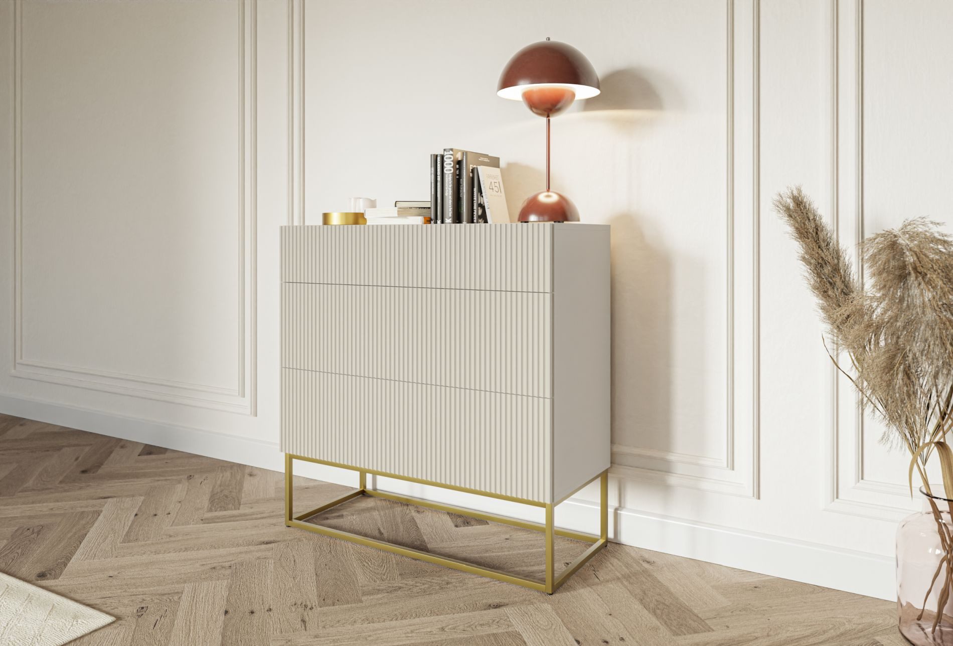 Selsey Kommode VELDIO, mit 3 Schubladen, Lamellenfront, Stahlbeinen, 90 cm breit