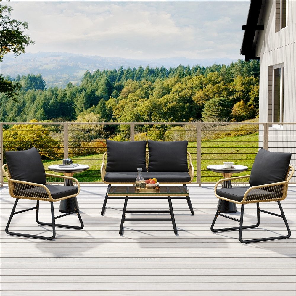 Yaheetech Gartenlounge-Set 4 tlg., 2 Sessel, 1 Zweisitzer-Sofa & 1 Glastisch Wetterfest für Außenbereiche