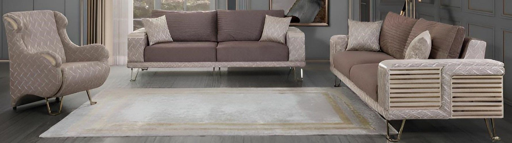 JVmoebel Stilvolles Sofa-Set 3+3+1 Minimalistischer Stil Holzrahmen Beige Farbe, (3-tlg)