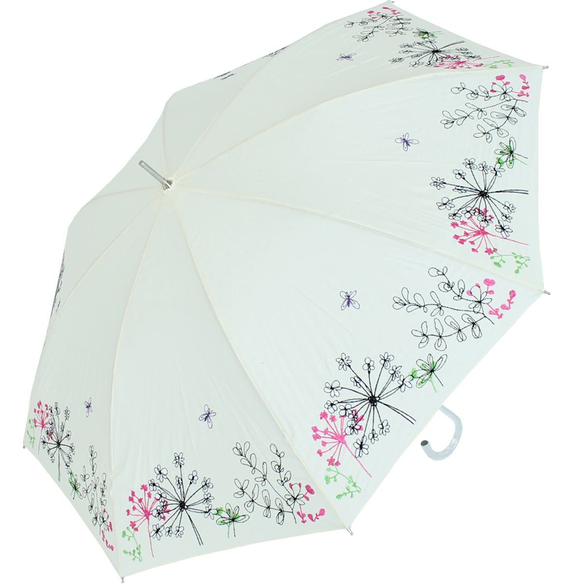 doppler® Langregenschirm Sonnen besteht aus und Regenschirm Lady transparentem ist bestickt, Rand der weiß der mit Wiesenblumen Schutz Butterfly, Kunststoff wunderschön UV - Griff