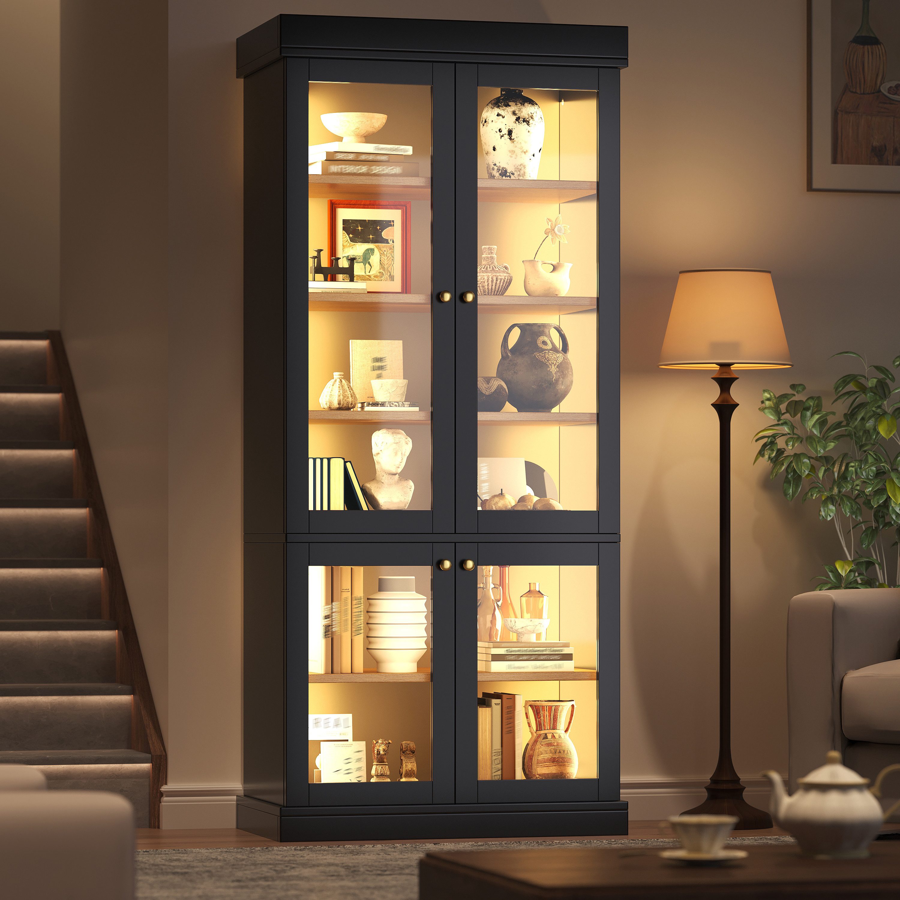 Flieks Hochschrank Glasvitrine Bücherregal mit LED-Beleuchtung Multifunktionsschrank (B80/T40/H180 cm, 1-St., Highboard für Wohnzimmer, Esszimmer, Schlafzimmer) Standvitrine Mehrzweckschrank mit 4 Glastüren, 6 Ebenen Schwarz