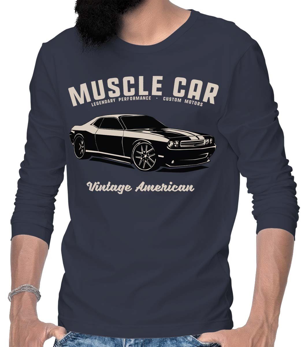 Rebel On Wheels Longsleeve Herren Langarm T-Shirt Challenger Muscle Car mit Auto / US-Car Motiv Blau