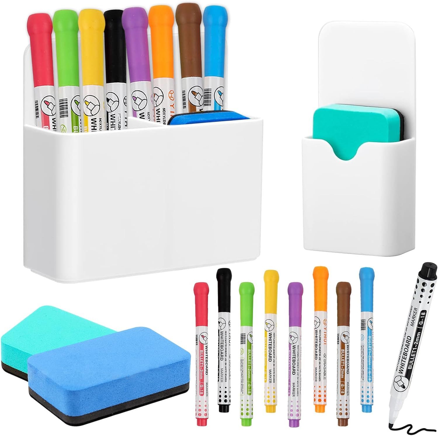 autolock Whiteboard Marker Whiteboard Zubehör-set, 2 Magnetische Stifthalter,2 Whiteboard Schwamm, (12-tlg), 8 Whiteboard Marker,Magnetischer Markerhalter für Zuhause Büro Schule