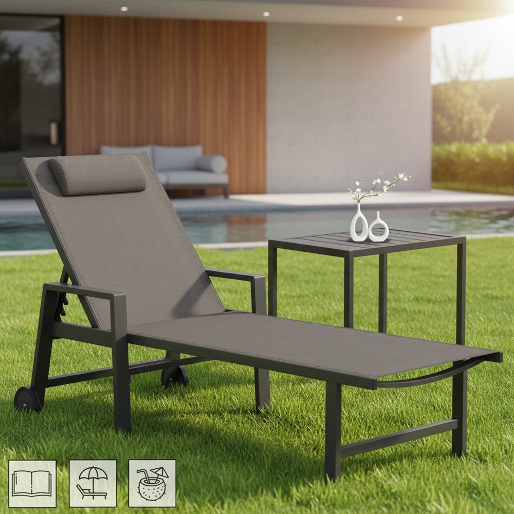 Mucola Gartenliege Aluminium Gartenmöbel Set Sonnenliege Beistelltisch Relaxliege Tisch, Relax-Set, 2 St., 1x Liege, 1x Tisch, wetterfest