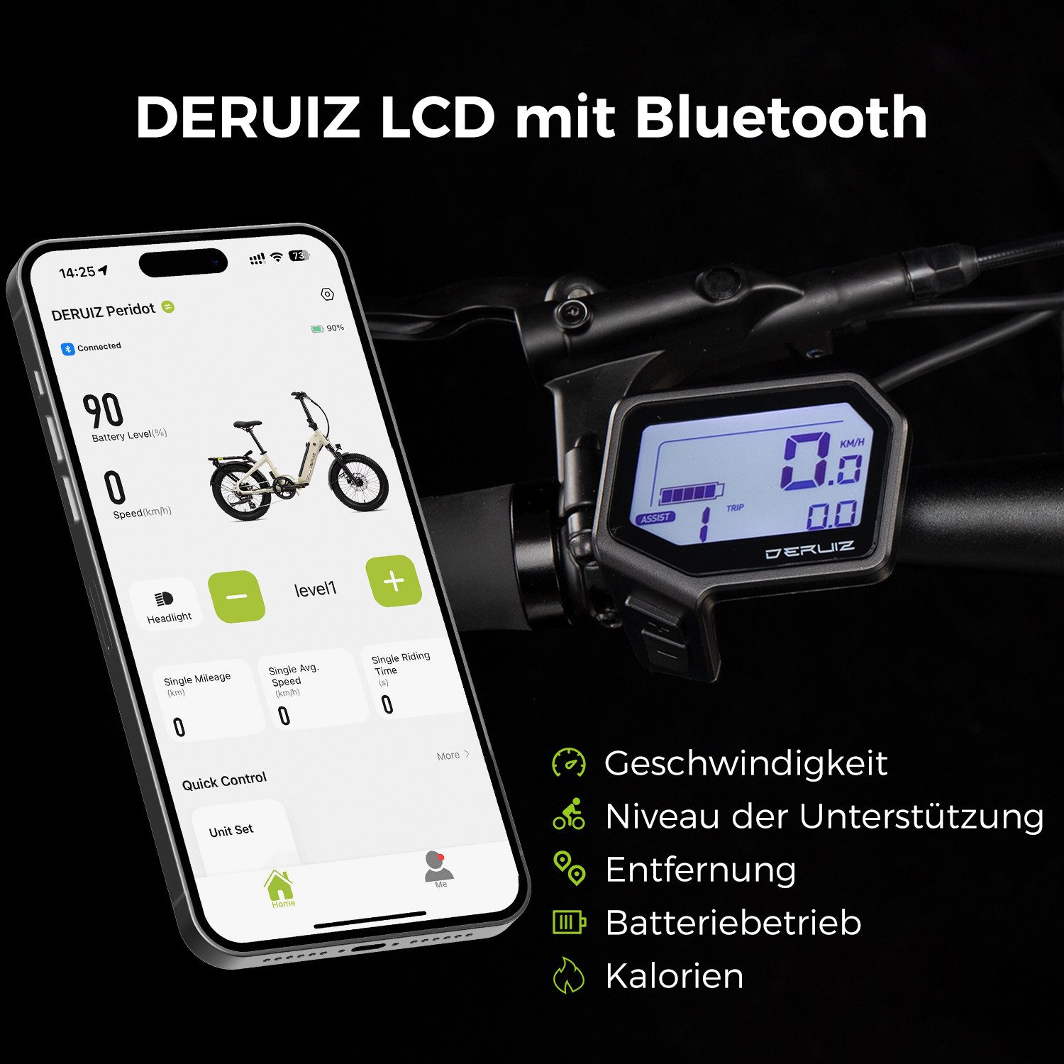 DERUIZ E-Bike Klapprad Peridot 20 × 3 Zoll, bis 143 km, Bluetooth und App, 8 Gang SHIMANO SHIMANO ALTUS 11-32T Schaltwerk, Kettenschaltung, Heckmotor, 500 Wh, (mit Akku-Ladegerät mit Werkzeug), Federsattelstütze