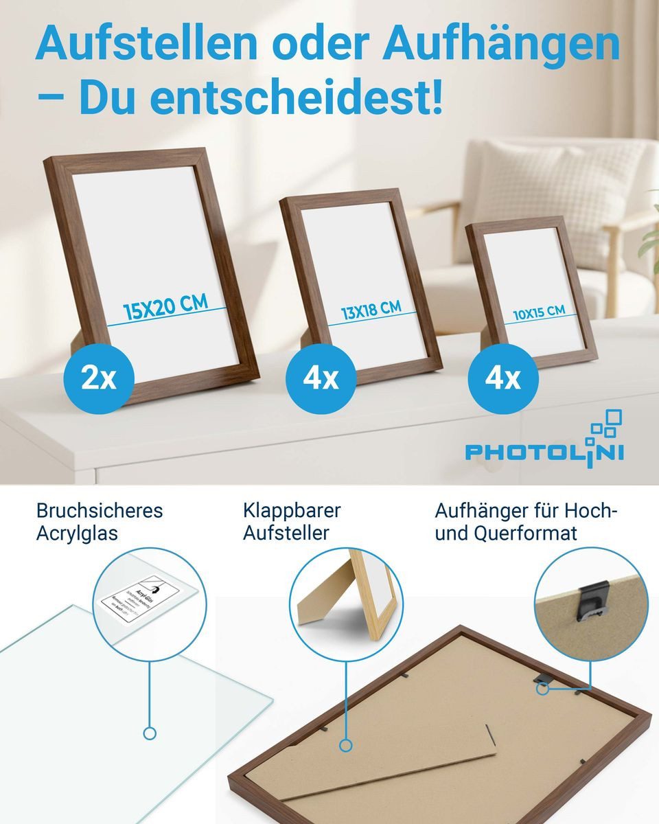 PHOTOLINI Bilderrahmen Sets in verschiedenen Formaten, MDF Holz, Acrylglas & Zubehör, für 10 Bilder (10er Set), Posterrahmen 10er Set No.3 zum Aufhängen oder Aufstellen