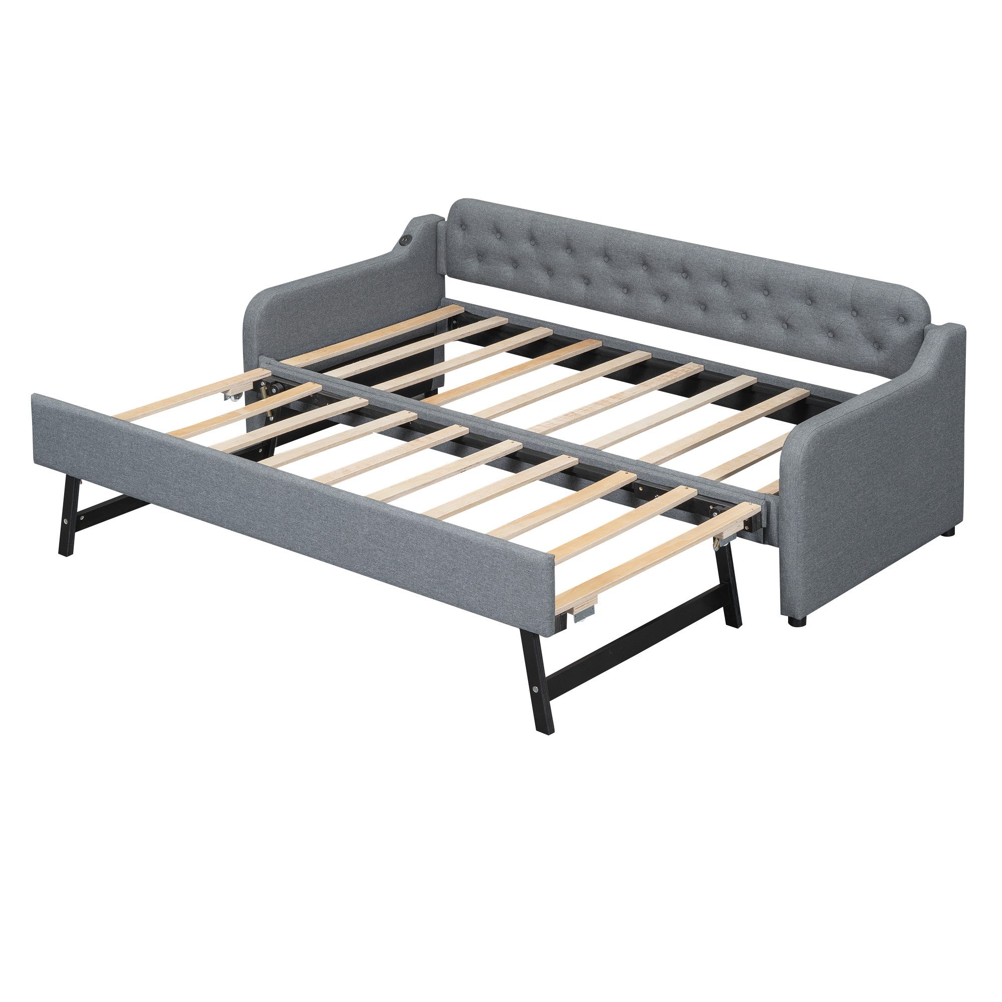 SOFTWEARY Schlafsofa mit Bettfunktion, 90x200cm/180x200cm, USB Anschlüssen, Gästebett, Liegefläche erweiterbar, Polsterbett, Jugendbett, Leinen