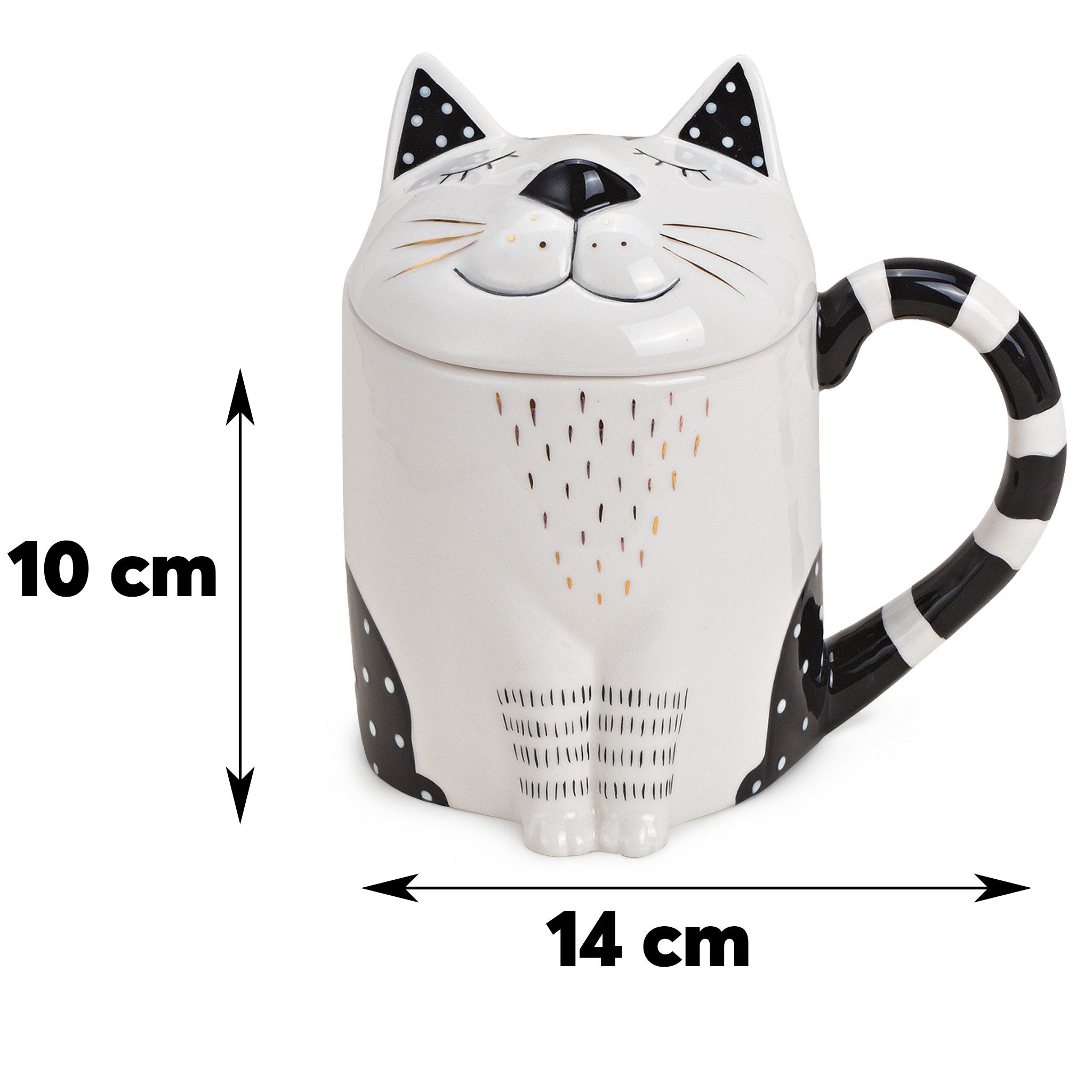 matches21 HOME & HOBBY Tasse Große Teetasse mit Deckel Katze Meow-Design, 1-tlg., Keramik, Tee Kaffee-Becher Kaffeetasse, weiß schwarz goldfarben, 400 ml
