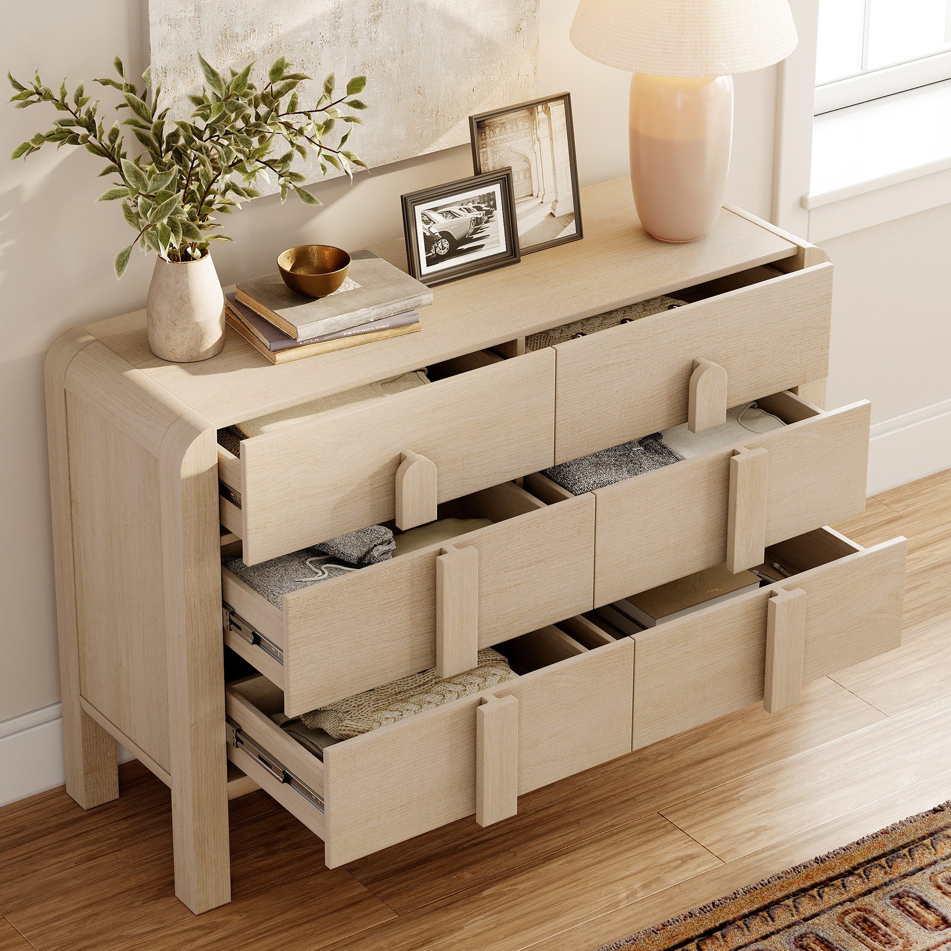WAMPAT Kommode 120 cm breit, Sideboard mit 6 Schubladen, Holzoptik, kratzfest, wasserabweisend, für Schlafzimmer, Kinderzimmer, Flur