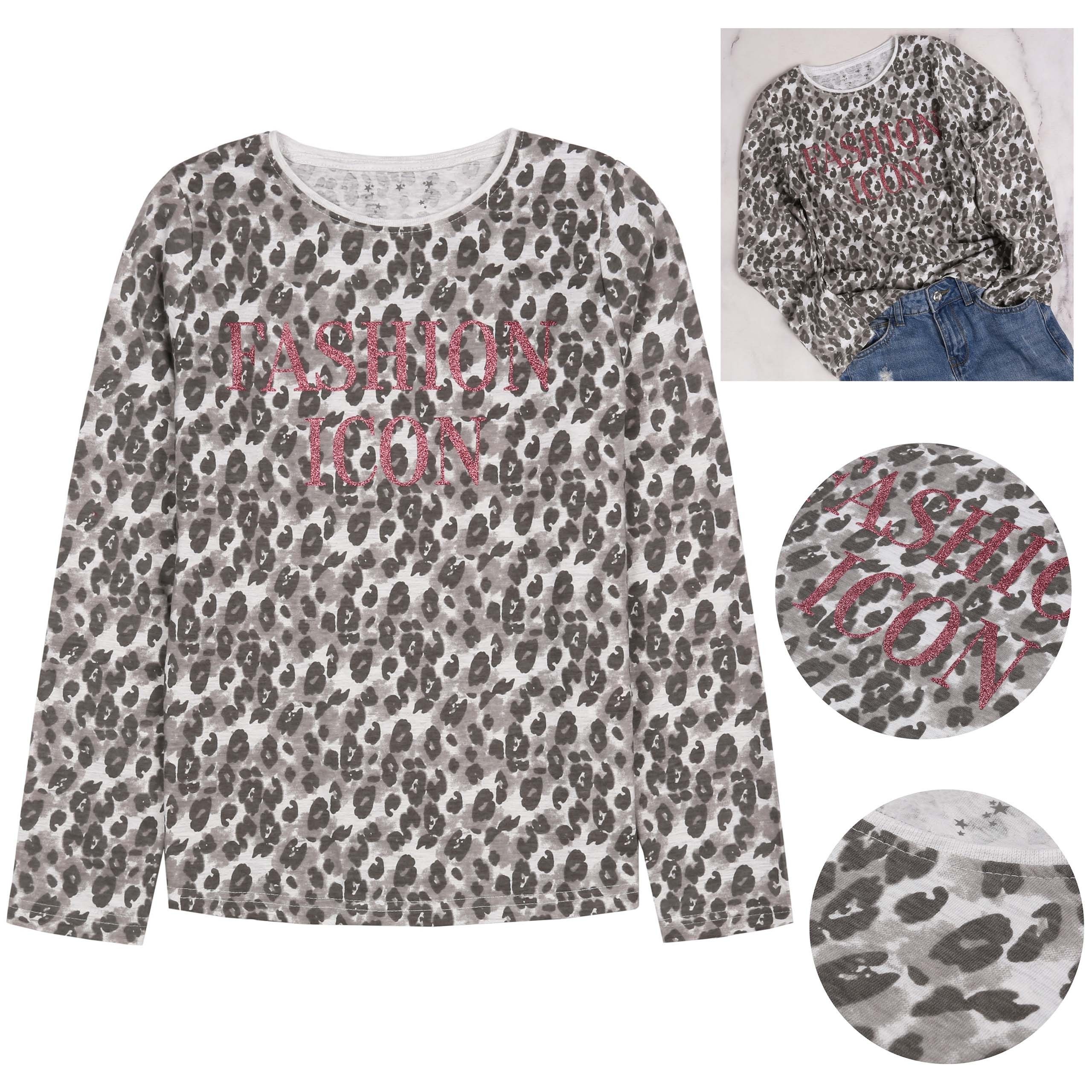 Langarmbluse Langärmelige Bluse für Mädchen, grau mit Leopardenmuster, 8-9 Jahre