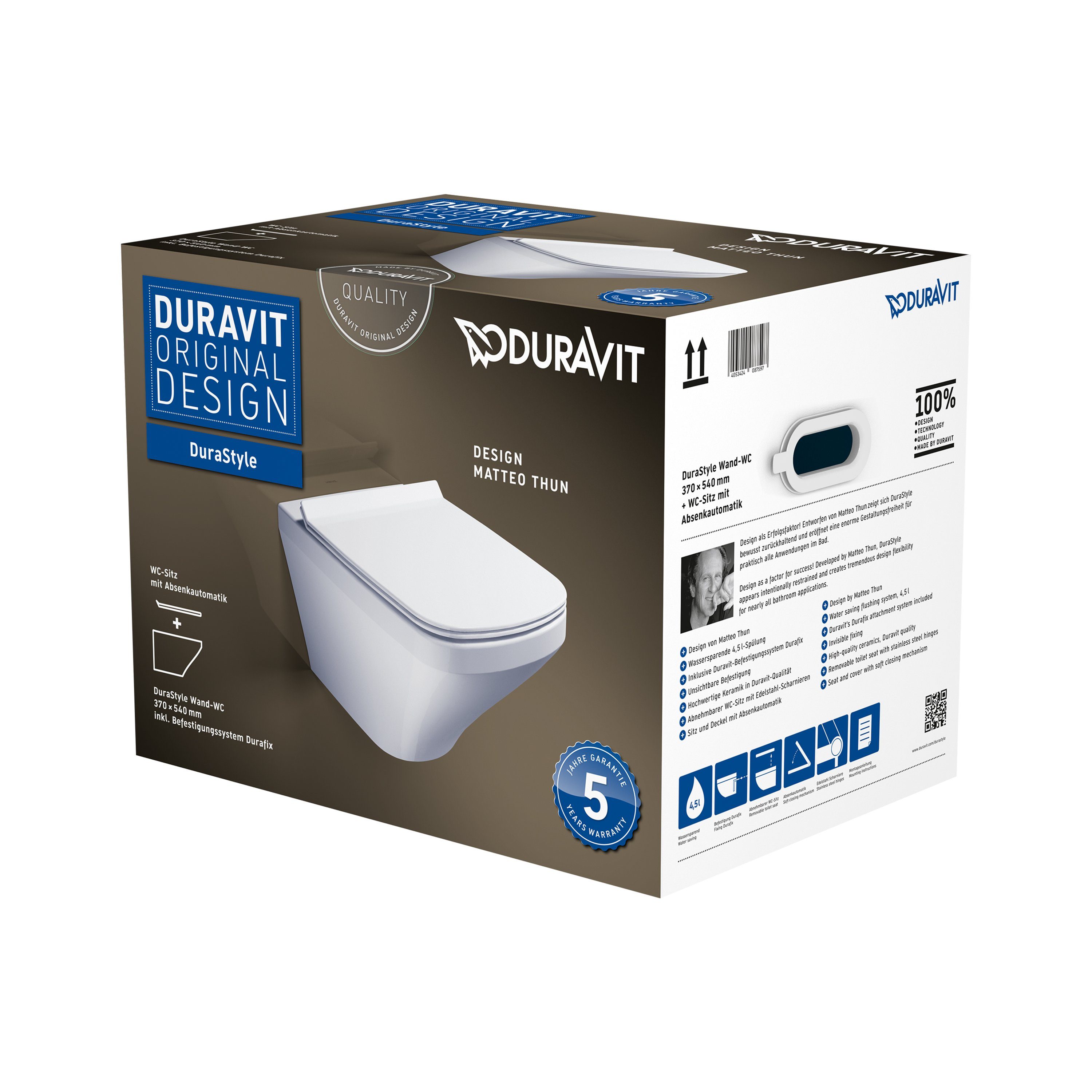 Duravit Tiefspül-WC DuraStyle Wand-WC Set Rimless WC-Sitz WC randlos Absenkautomatik, wandhängend, Wand-WC inkl. WC-Sitz
