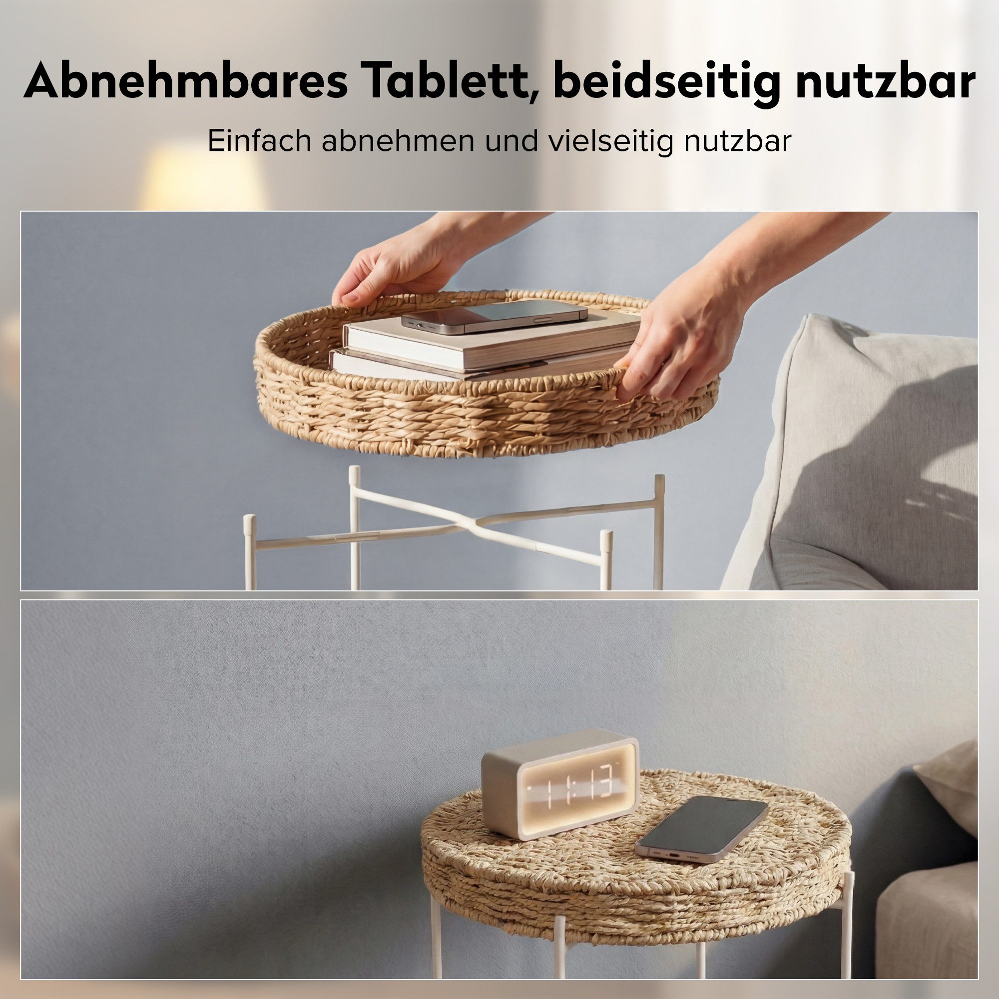 doporro Beistelltisch Couchtisch kleiner Tisch mit 1/2 geflochtenen Ablagen rund Reglo-08, Zwei Materialien zur Auswahl