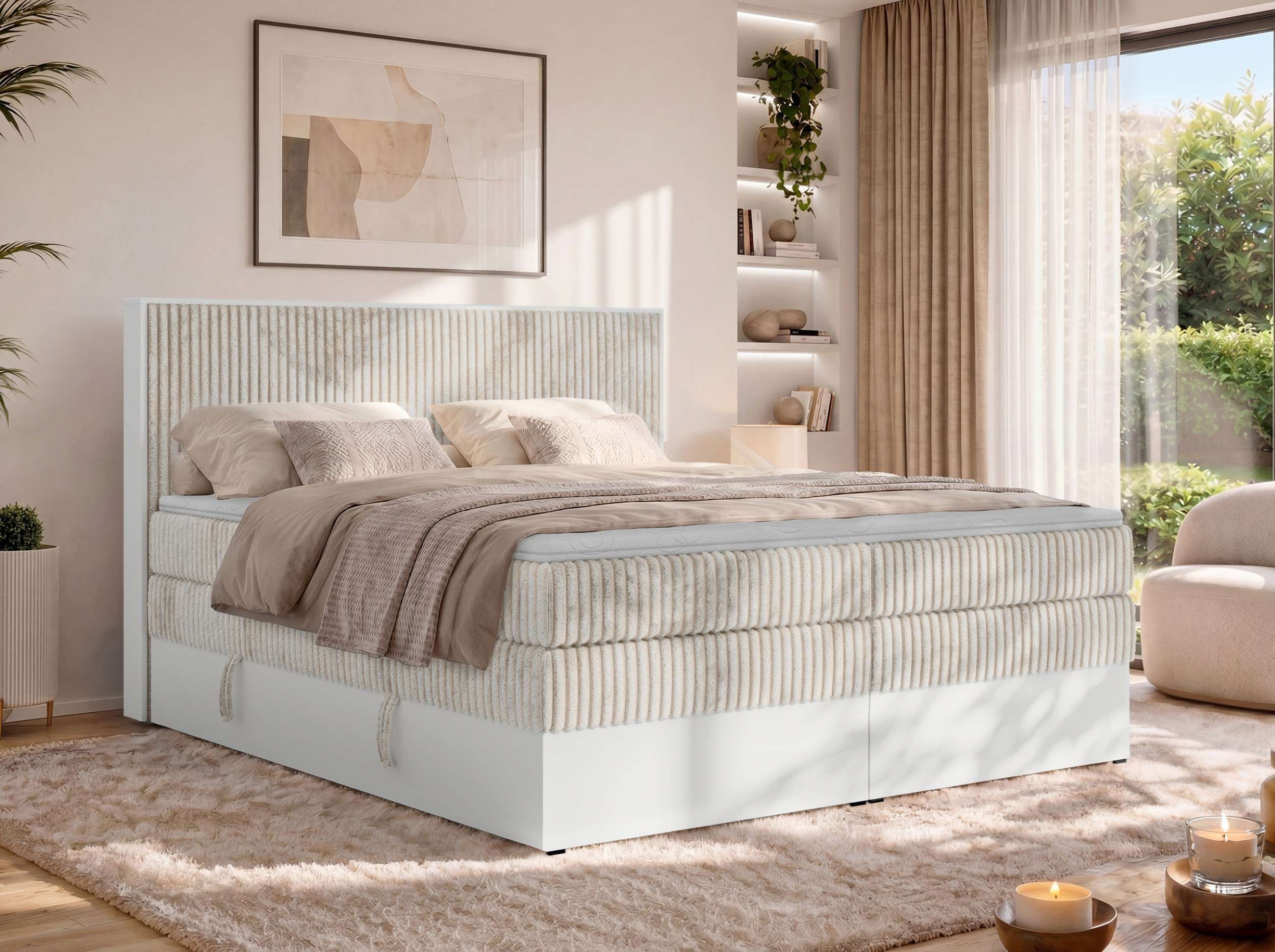 MKS MÖBEL Boxspringbett TRAVIT KING (mit Stauraum, Set, inkl. 2 Multipocket Matratzen und Topper (T25/Visco), Cord-Bezug), weiße Deko-Möbelplattenelementen, H3/H4, 140x200–200x200