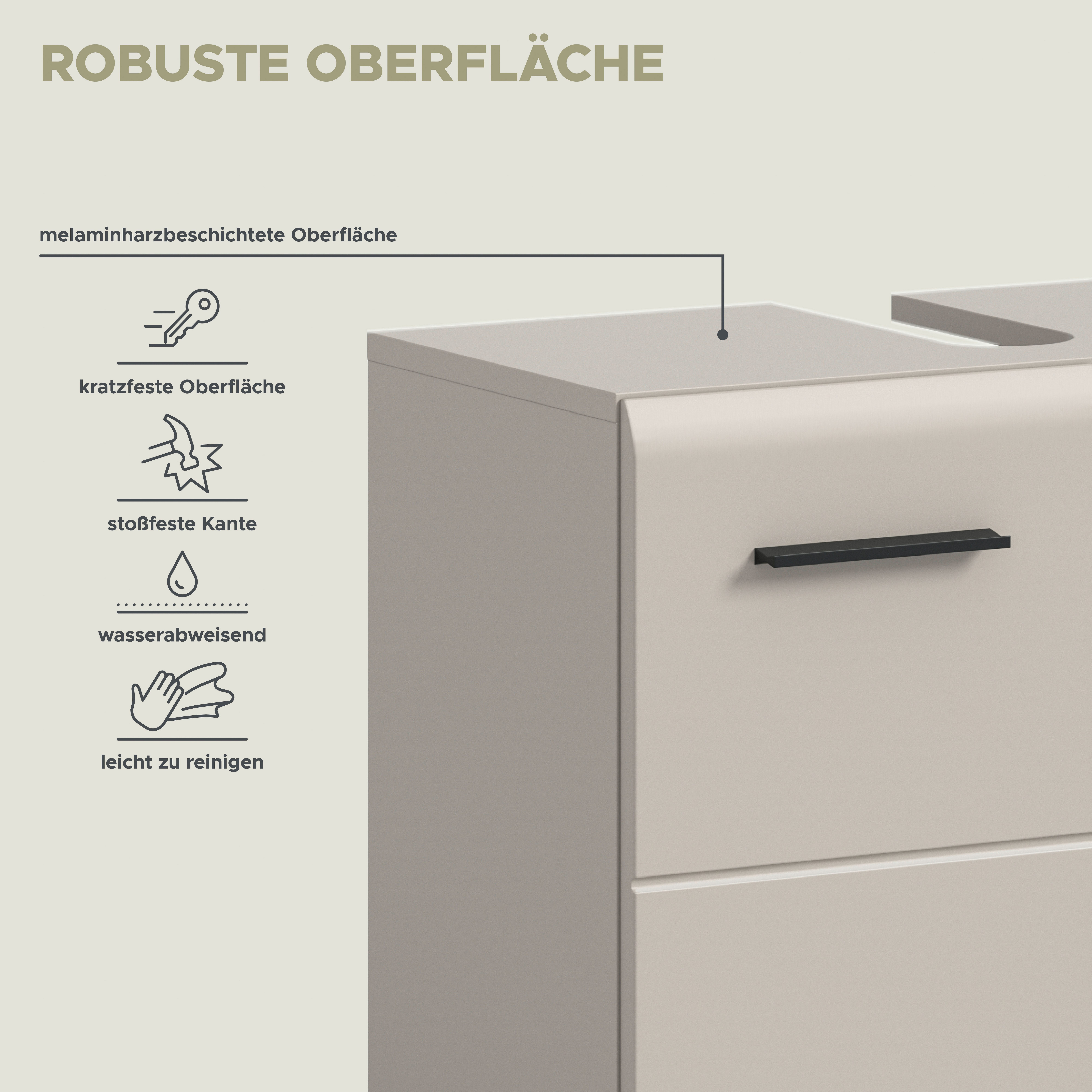 welltime Waschbeckenunterschrank FLORENZ, Breite 60cm, inkl. Siphonausschnitt, mit Türen oder Schüben (TOPSELLER) hochwertige MDF Front, Griff schwarz, Badschra – Bild 5 von 5
