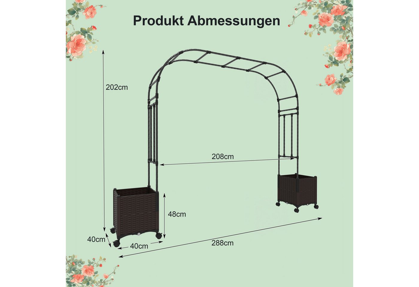 Thumbnail - COSTWAY Blumenkasten, Rosenbogen mit 2 Pflanzkästen, auf Rollen, 202cm hoch