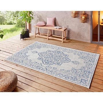 Teppich In- & Outdoor Teppich Tilos Creme Jeansblau, NORTHRUGS, rechteckig, Höhe: 8 mm