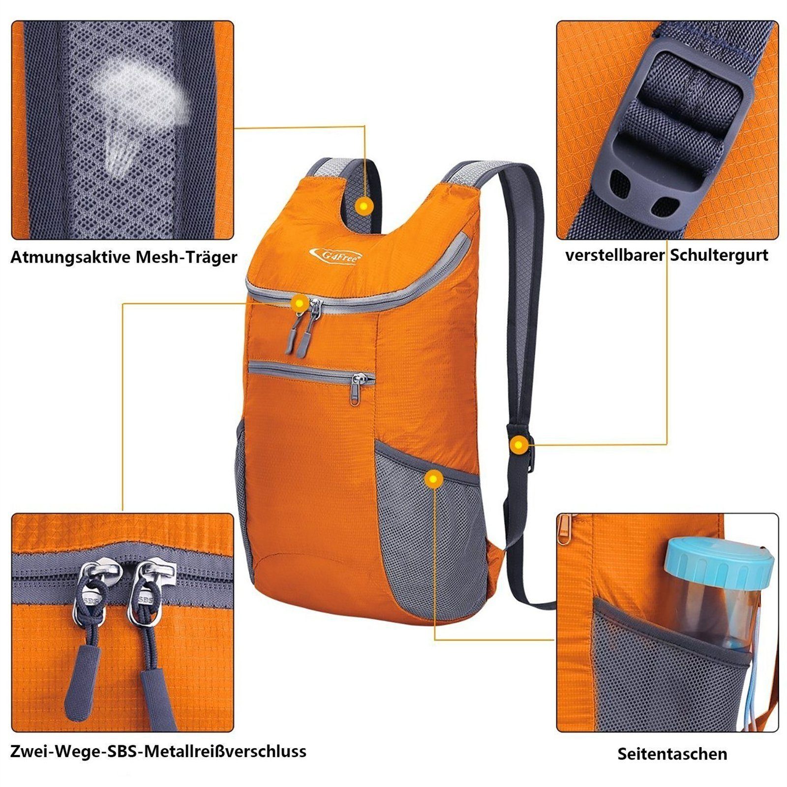 11 L, Orange Wanderrucksack, Wanderrucksack Rucksack Backpack G4Free Kleiner