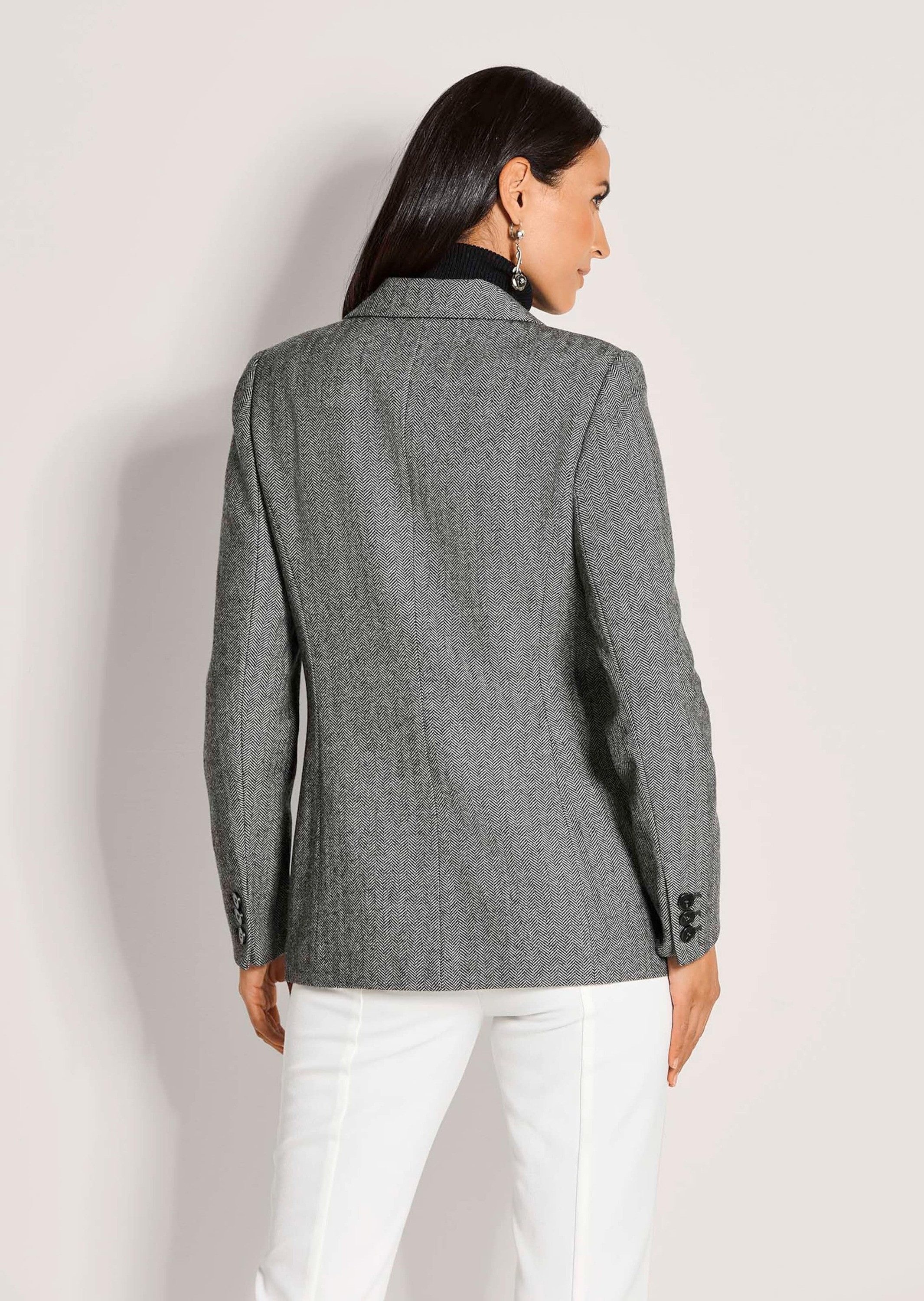 MADELEINE Kurzblazer Eleganter Businessblazer mit Fischgratmuster Longblazer mit Reverskragen und langen Ärmeln