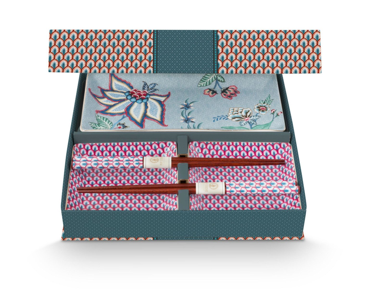 PiP Studio Geschirr-Set Flower Festival Oriental Geschenkset quadratisch blau 6tlg, Porzellan, Giftset Square Oriental Flower Festival Blue