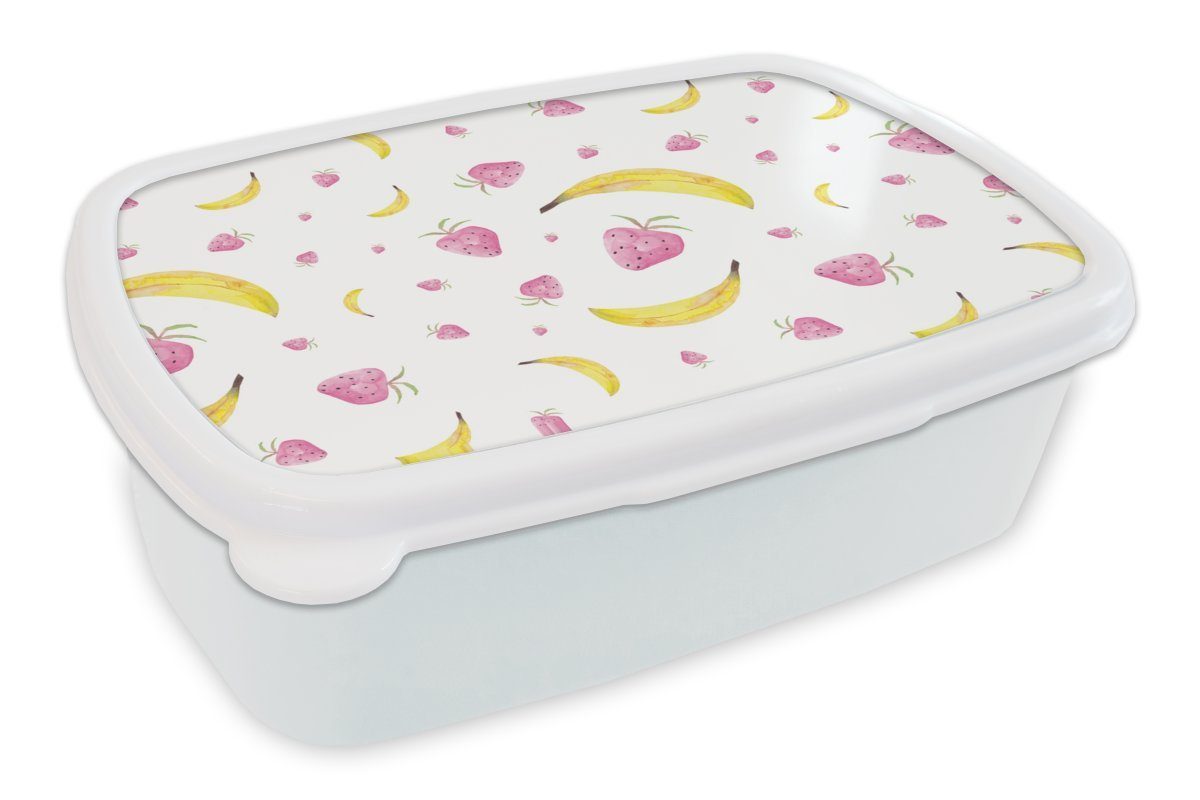 MuchoWow Lunchbox Banane - Erdbeere - Design, Kunststoff, (2-tlg), Brotbox für Kinder und Erwachsene, Brotdose, für Jungs und Mädchen weiß