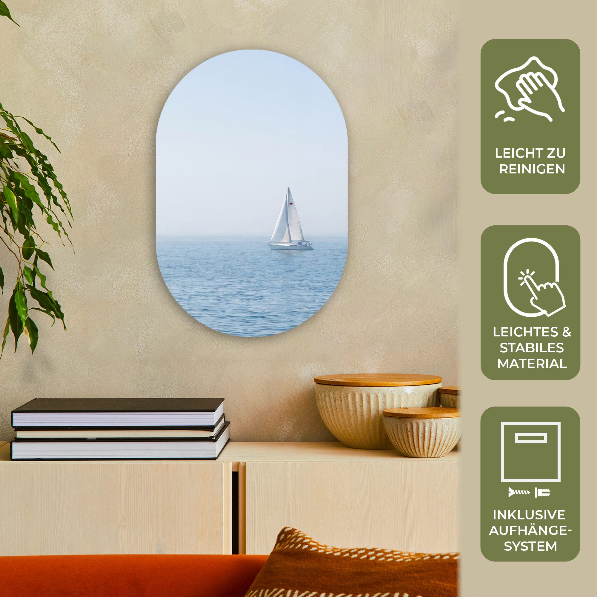MuchoWow Gemälde Horizont - Segelboot - Meer, Fotodruck (1 St), Wandbild Oval, Wohnzimmer oder Schlafzimmer Wanddekoration, 40x60 cm
