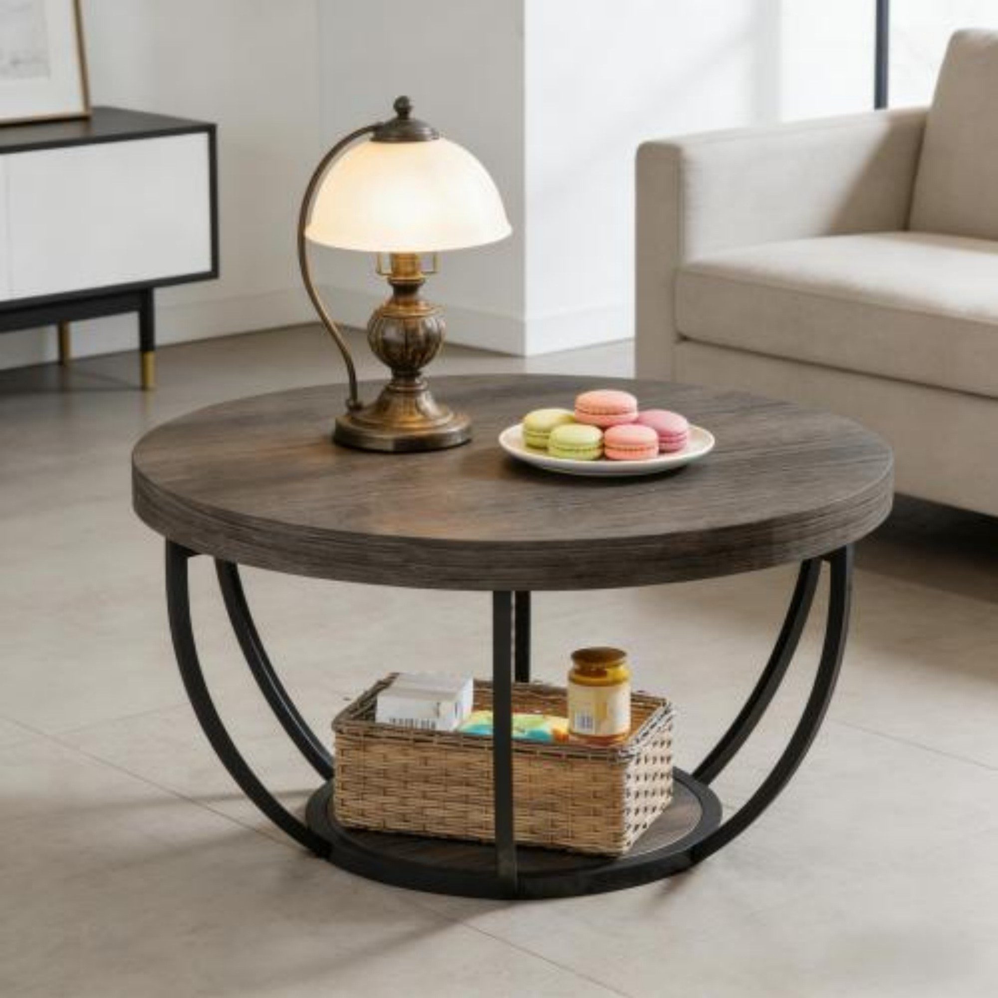 Celya Couchtisch Holzgrüßtisch, Kleiner Beistelltisch, 2-Ebene Runder Tisch