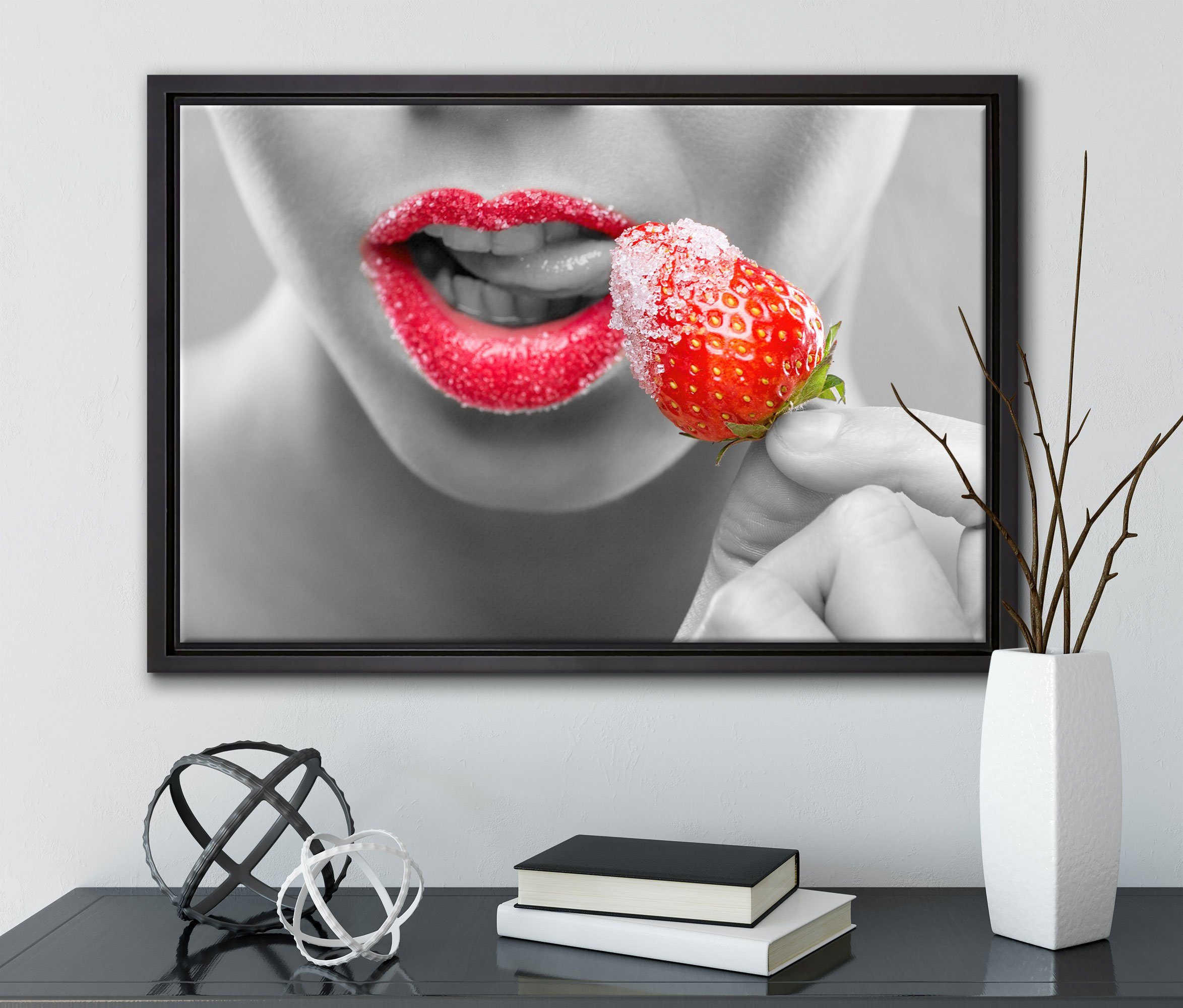 Leinwandbild Leinwandbild Zucker, mit Zackenaufhänger fertig Wanddekoration bespannt, inkl. einem (1 Erdbeere in Schattenfugen-Bilderrahmen gefasst, Pixxprint St),