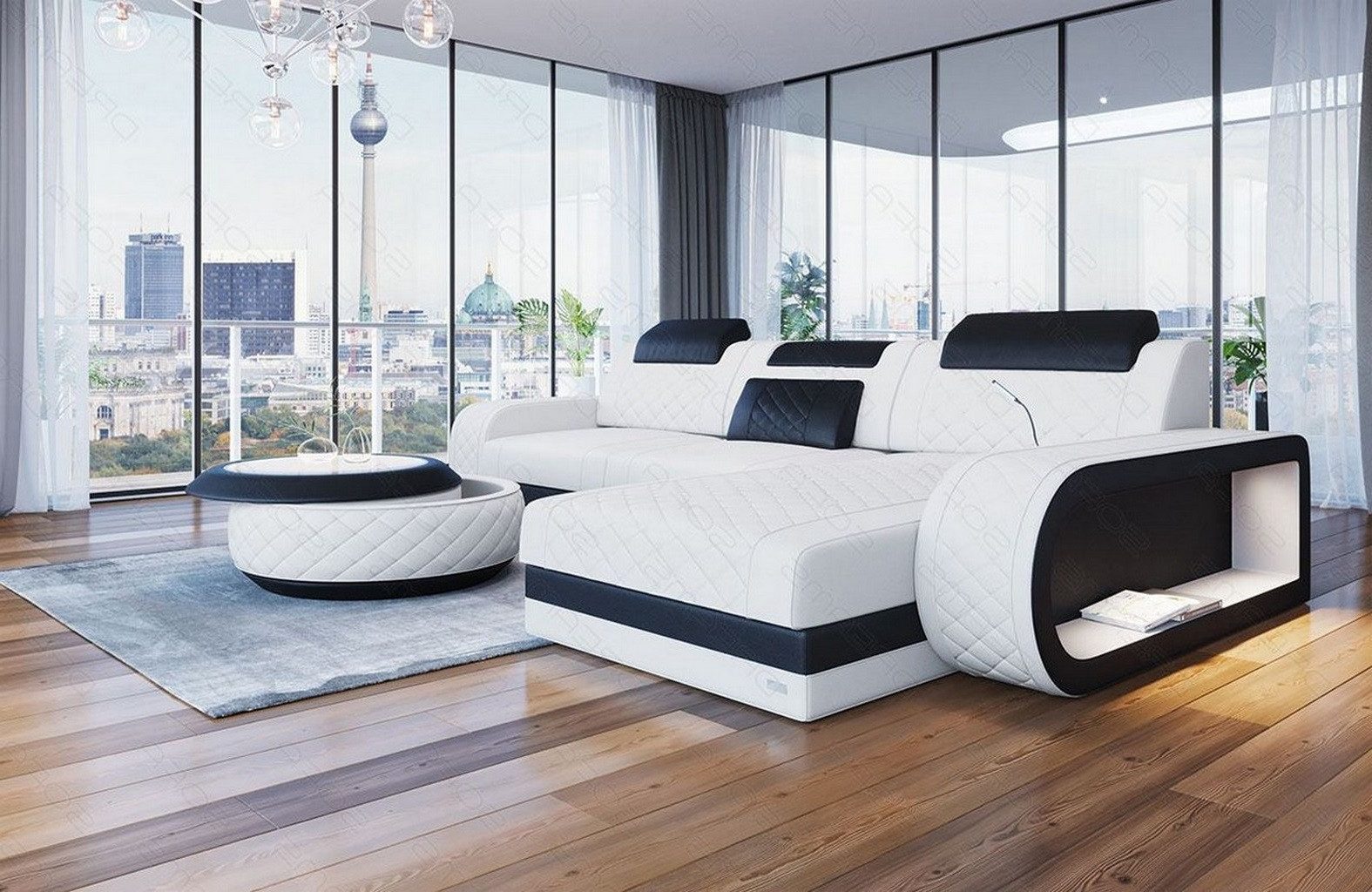 Sofa Dreams Ecksofa Berlin L Form Leder, Ecksofa, Ottomane, LED-Beleuchtung, Breite: 308cm, Zierkissen, 4-Sitzer, USB