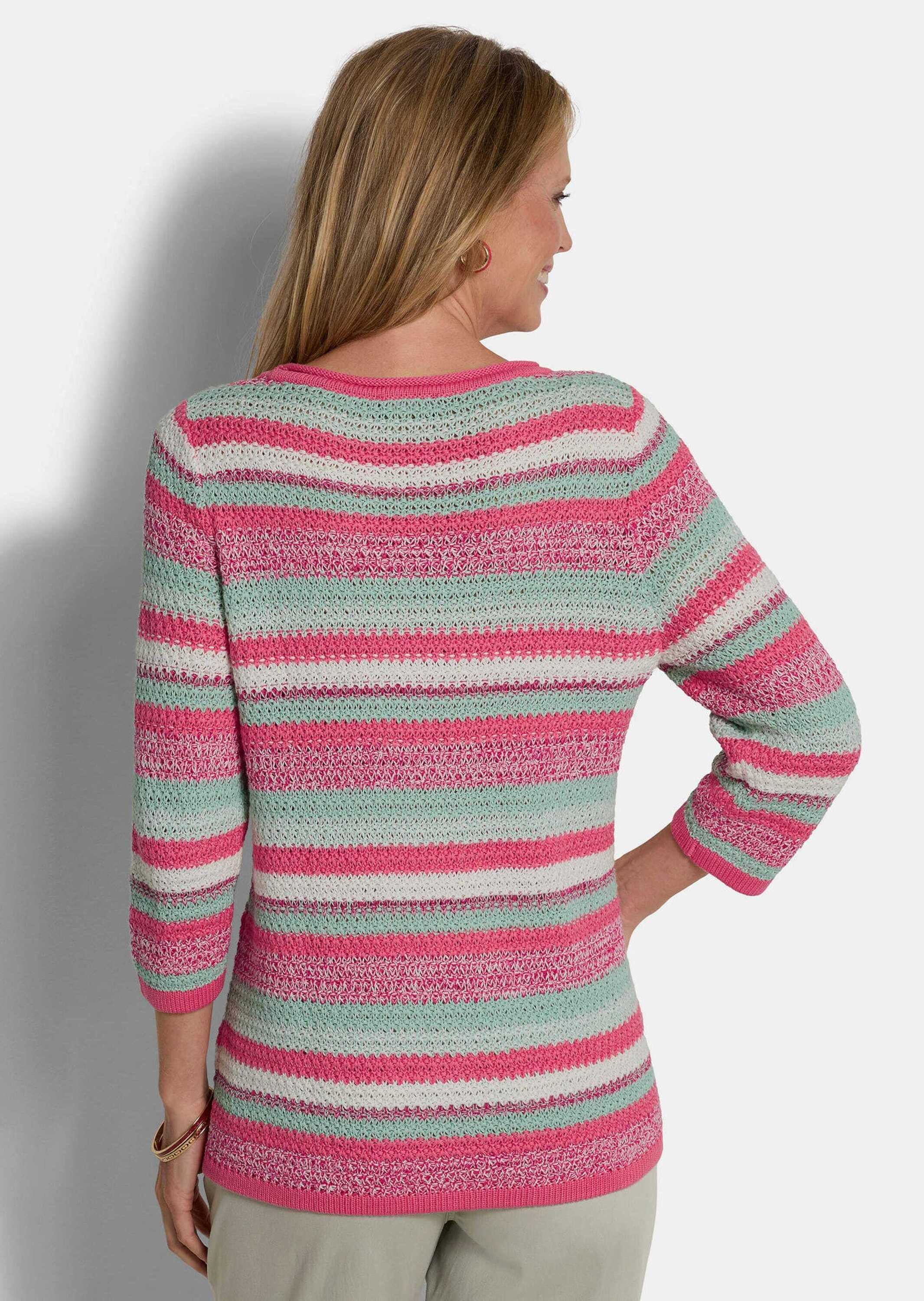 GOLDNER Strickpullover Kurzgröße: Baumwollpullover mit Ringel-Muster Ringelpullover mit U-Boot-Ausschnitt, Rollkante und 3/4-Arm