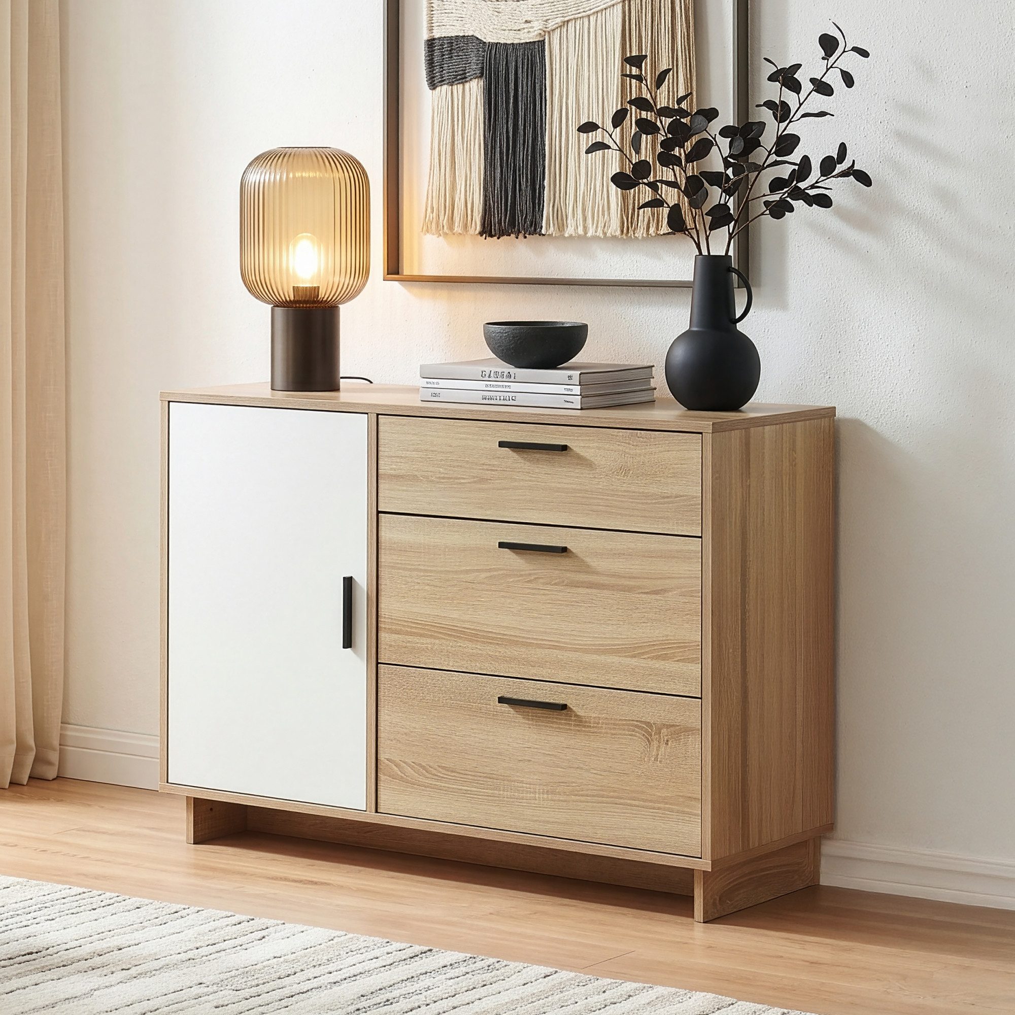 en.casa Kommode, »Kenta« mit 3 Schubladen 1 Tür 100x35x72 cm Sonoma-Eicheoptik/Weiß