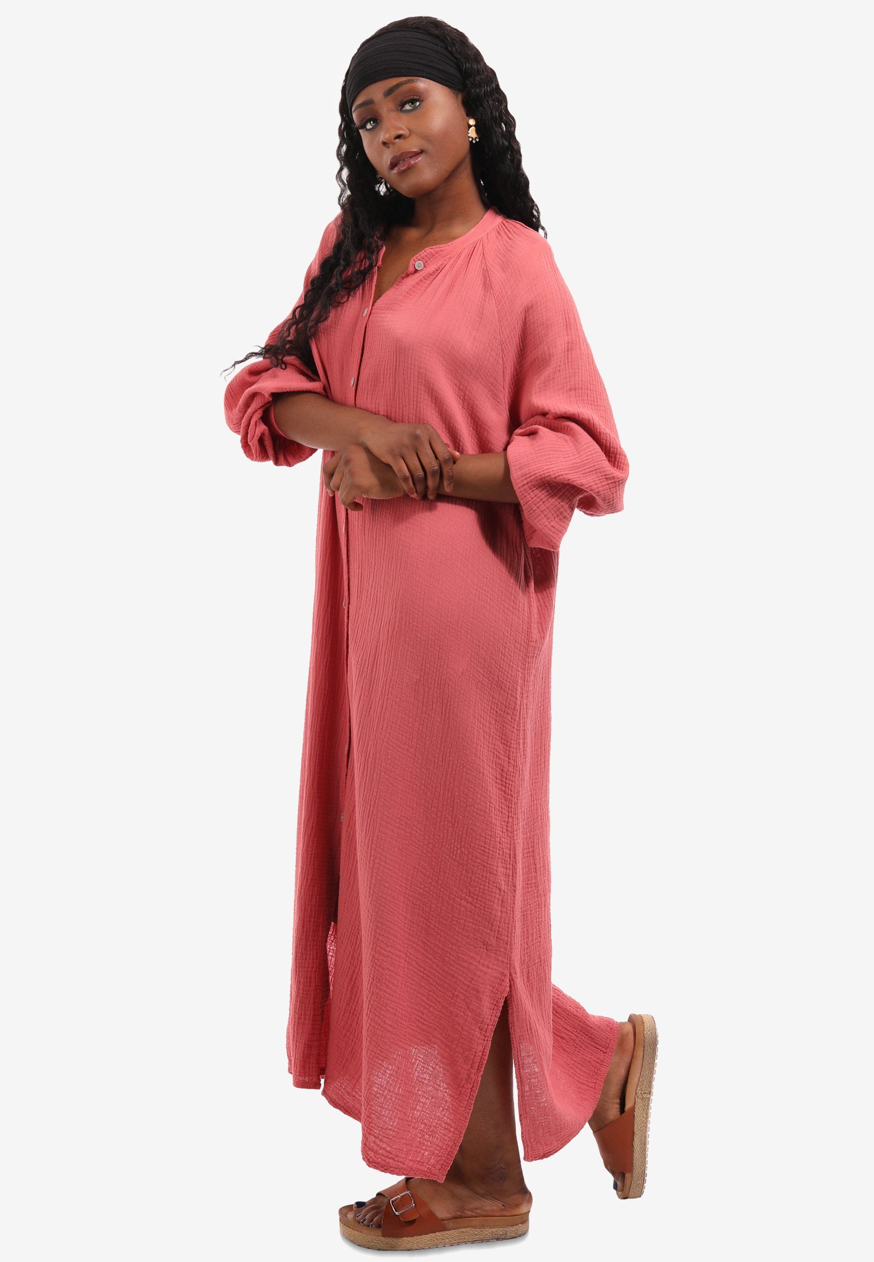 bequem aus Altrosa Maxikleid Maxikleid & aus Fashion zu Langärmeliges Basic, Baumwolle, Style Unifarbe, YC in Hippie, reiner Casual, mit Knopfleiste Boho, tragen, Musselinstoff