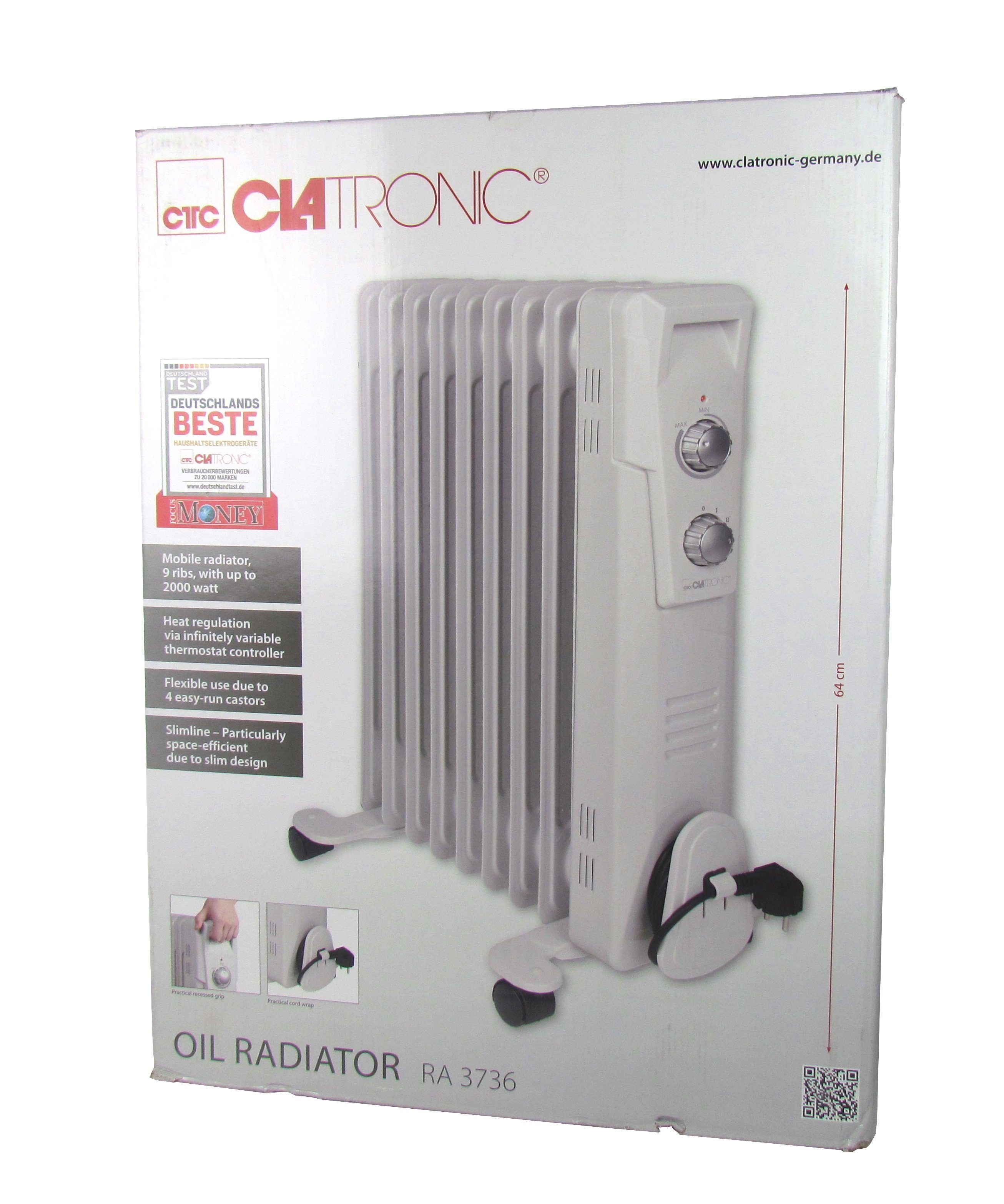 CLATRONIC Ölradiator 9 Rippen-Ölradiator – 3 Leistungsstufen mit bis zu 2000 Watt, 2000 W