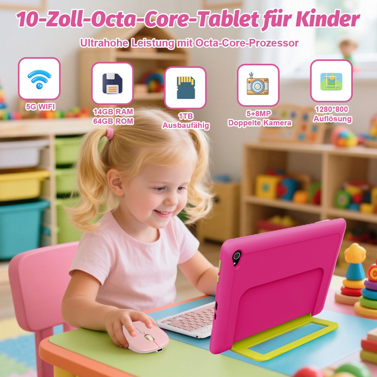 BUFO Android 16 10-Zoll, 24(3+21) GB RAM + 64 GB ROM (TF Expand 1TB) Kinder Tablet (10", 64 GB, Android 16, WiFi 6, Android 16 HD 1280x800 Lernen durch Spielen mit Tastatur/Stift/Maus)