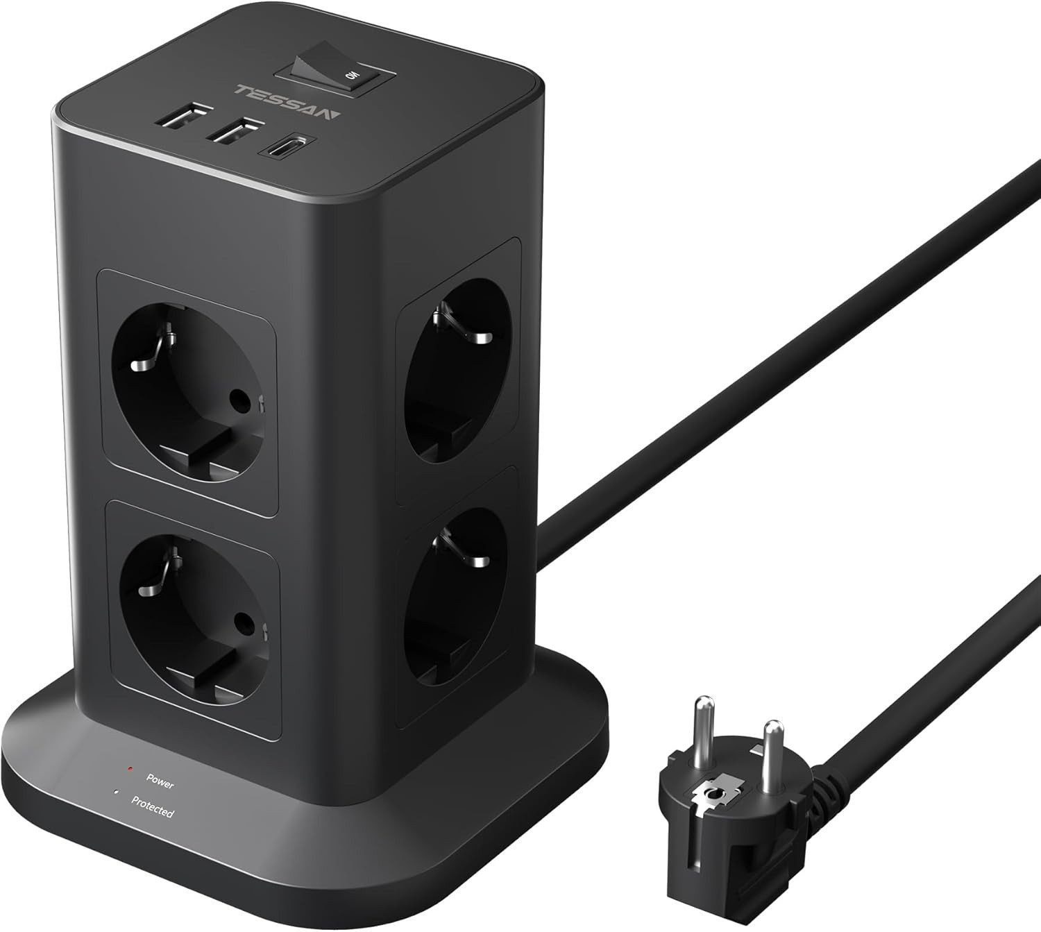 TESSAN 8 Fach Mehrfachsteckdose 3 USB(2USB,1 USB C) Steckdosenleiste Kabel 2m Mehrfachsteckdose (Ein- / Ausschalter, USB-Anschlüsse)