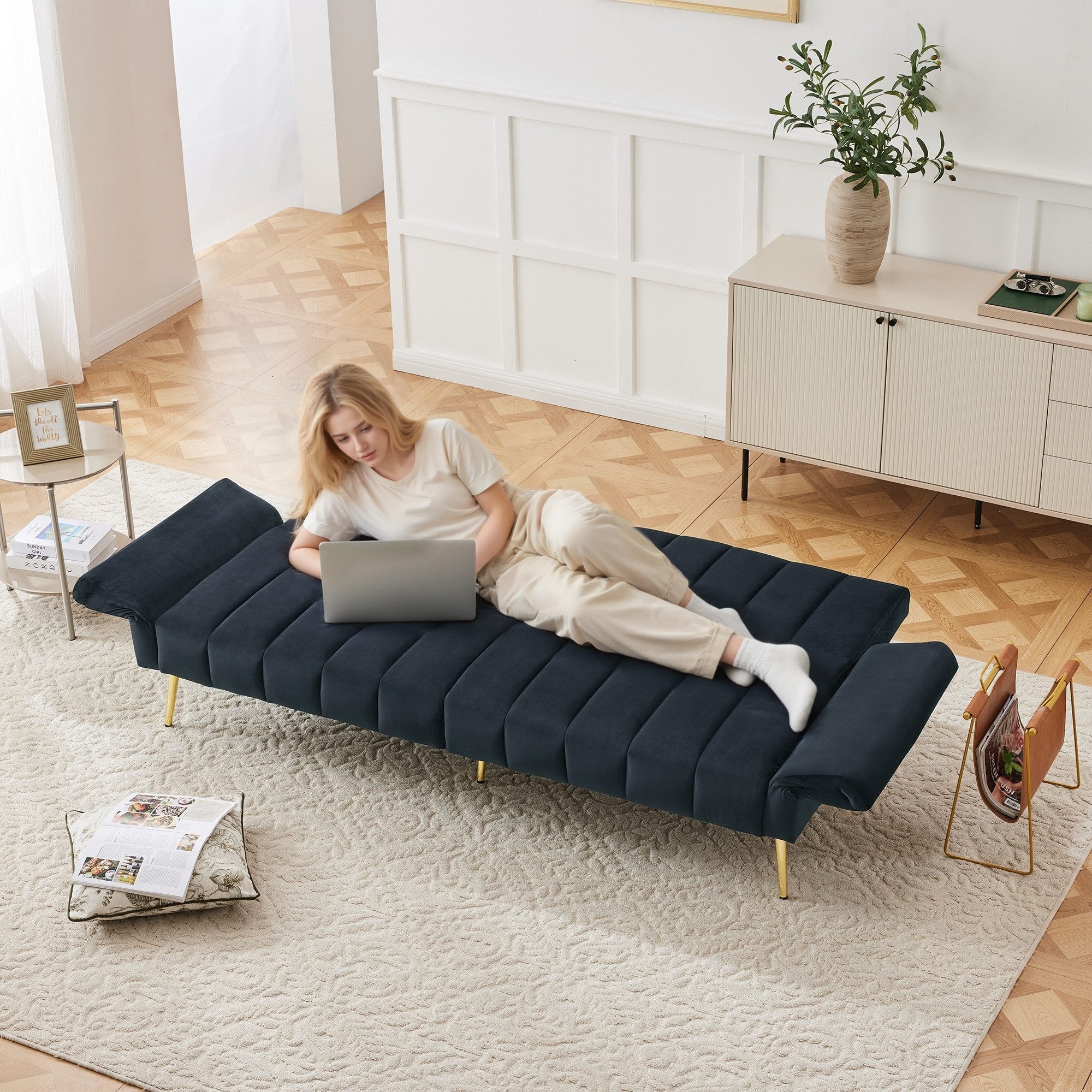 Flieks Schlafsofa klappbares Sofa mit Schlaffunktion, mit verstellbarer Rückenlehne und Armlehnen 2 Teile, Polstersofa Bettsofa mit Relaxfunktion Gästebett Liegesofa Samt
