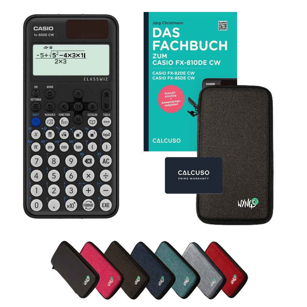 CASIO Taschenrechner fx-85DE CW inkl. Schutztasche Dunkelgrau & Fachbuch (96 Seiten, DINA5)