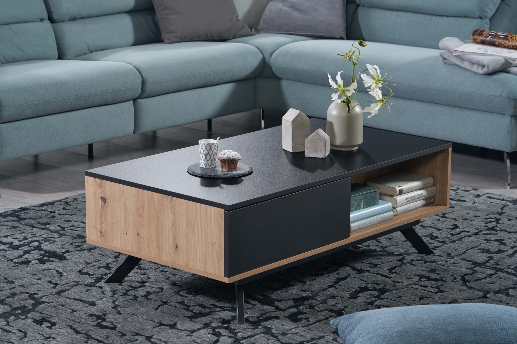 mit Sofatisch), MDF Wohnzimmertisch Tisch Eiche-Dekor Rechteckig cm / (110x60x38 Wohnling WL6.659 Schubladen, Schwarz, Couchtisch