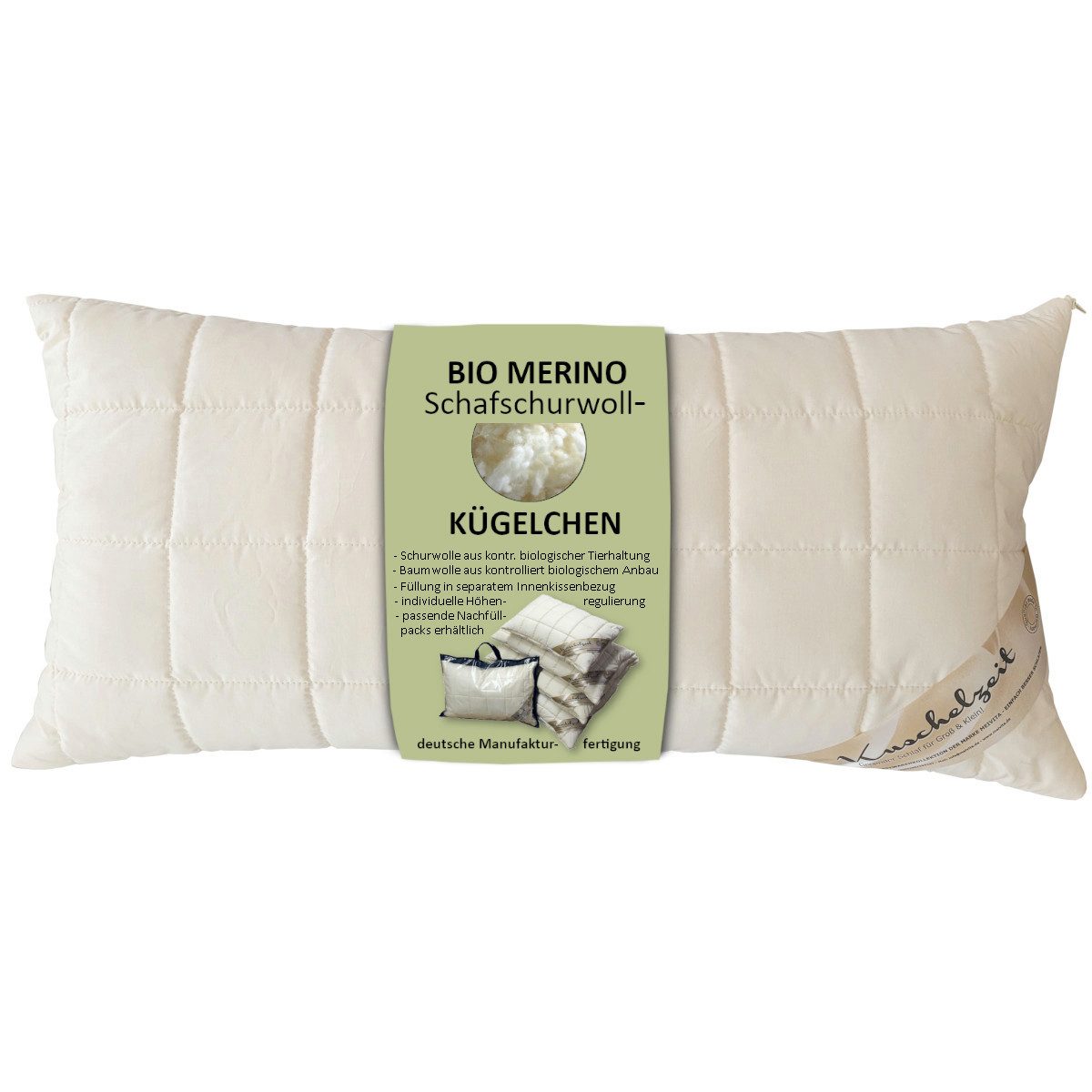 Meivita Naturhaarkissen Bio Merino Schafschurwollkugel Kopfkissen Bezug kbA und Füllung kbT, Füllung: 100% Wolle (Merino Schafschurwollkügelchen aus kontrolliert biologischer Tierhaltung), Bezug: 100% Baumwolle aus kontrolliert biologischem Anbau, Seitenschläfer, Rückenschläfer, Bauchschläfer, Kissen hergestellt in Deutschland