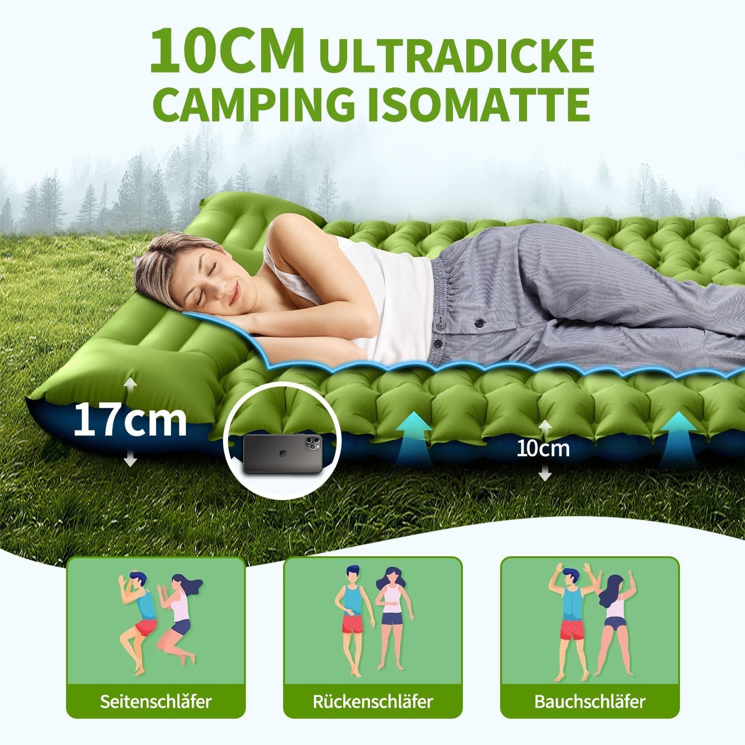 feinlux Isomatte Camping Isomatte Selbstaufblasend, (set, Ultraleicht Luftmatratze Camping für 2 Personen), Aufblasbare mit Fußpumpe & Kissen für Outdoor, Wande – Bild 4 von 5