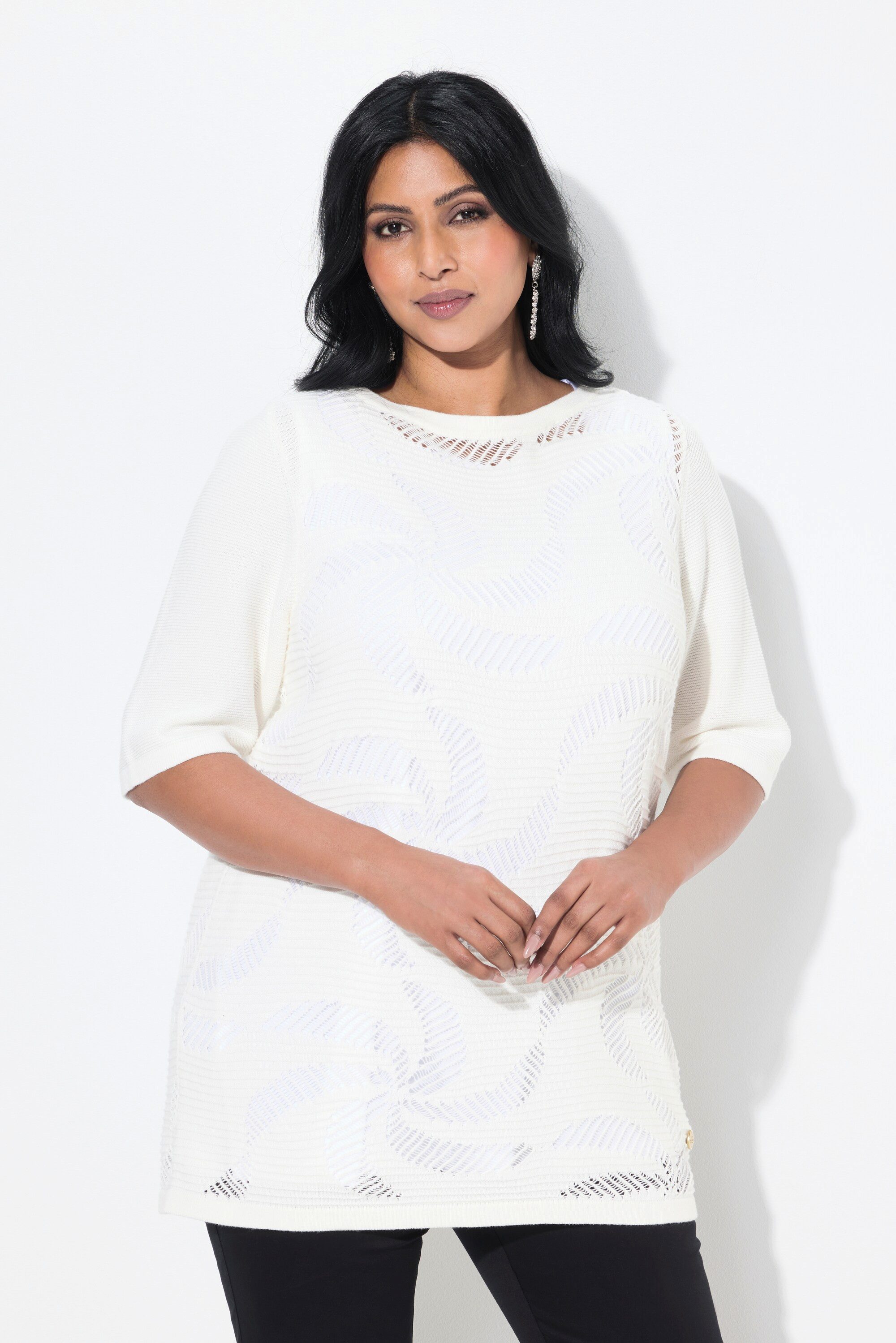 Ulla Popken Strickpullover Pullover Blüten U-Boot-Ausschnitt Halbarm günstig online kaufen