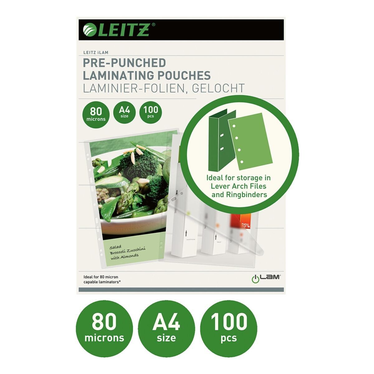 LEITZ Laminierfolie iLAM, A4, 80 µm, 100 St., A4, 80 mic, glänzend, abheftbar