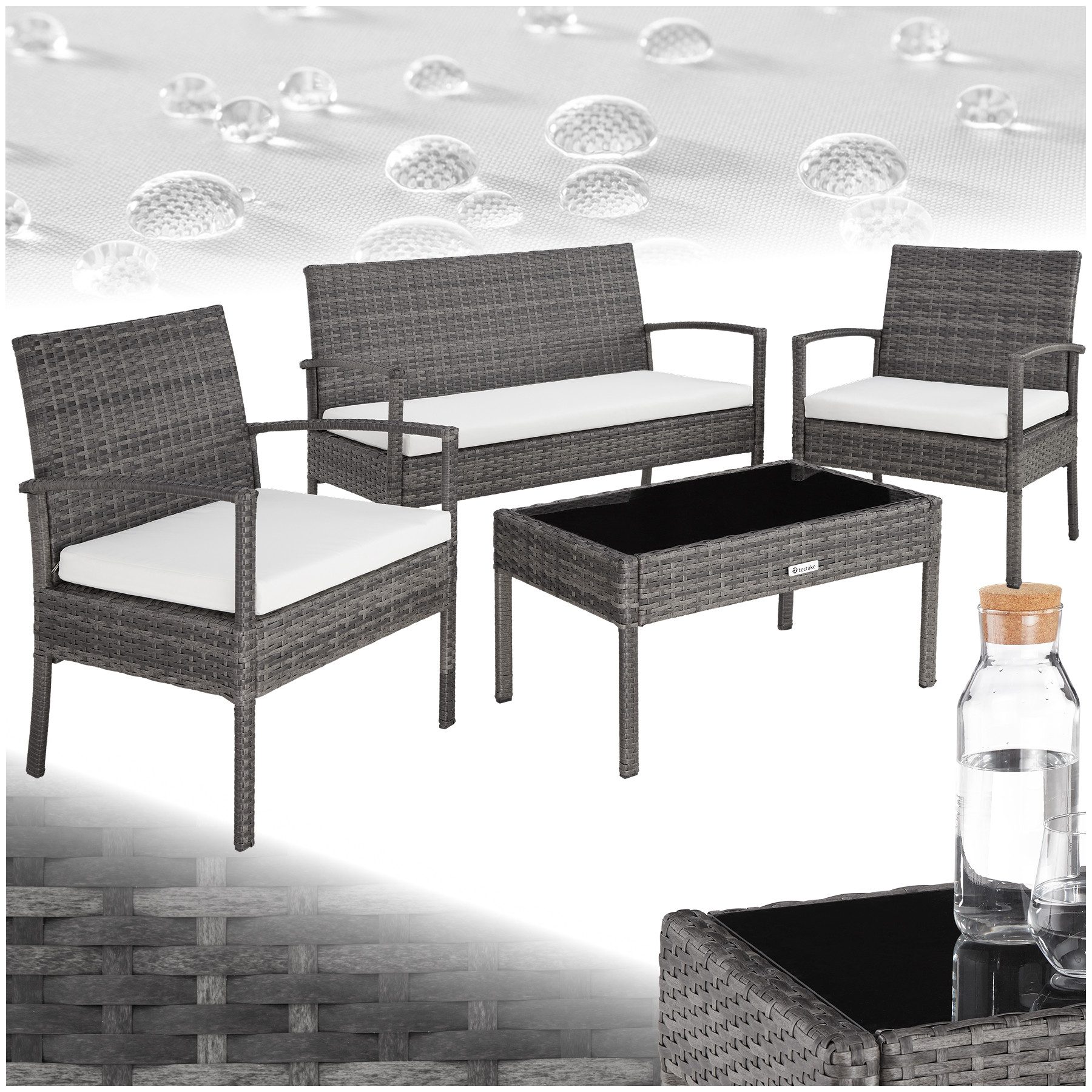 tectake Sitzgruppe Rattan Sitzgruppe, (Set., 4-tlg), Weiche Sitzpolster, 5,5 cm dick, abnehmbar, hoher Komfort
