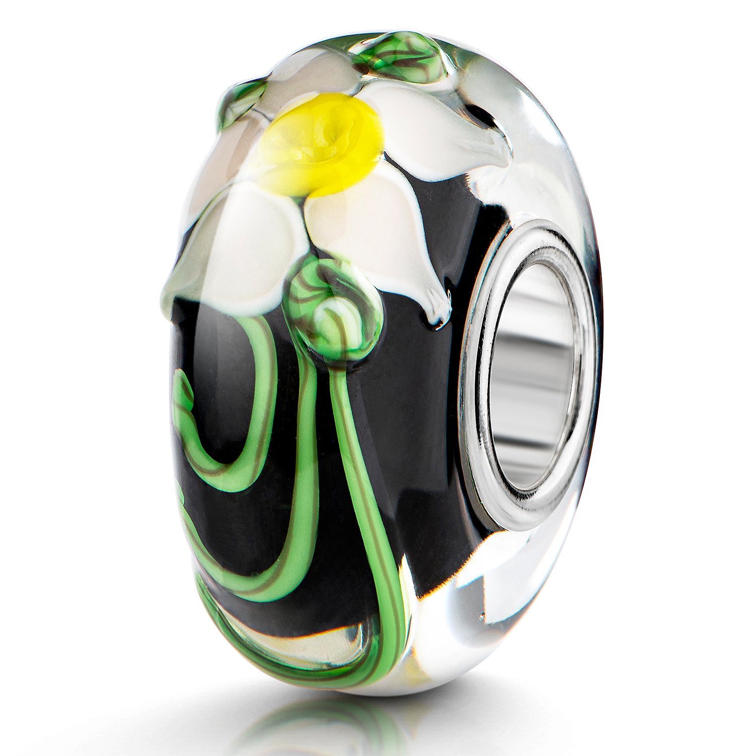 Materia Bead Glasperle Blume 3D Blüte mit Ranken Schwarz Weiß 1490, Kern aus 925 Sterling Silber