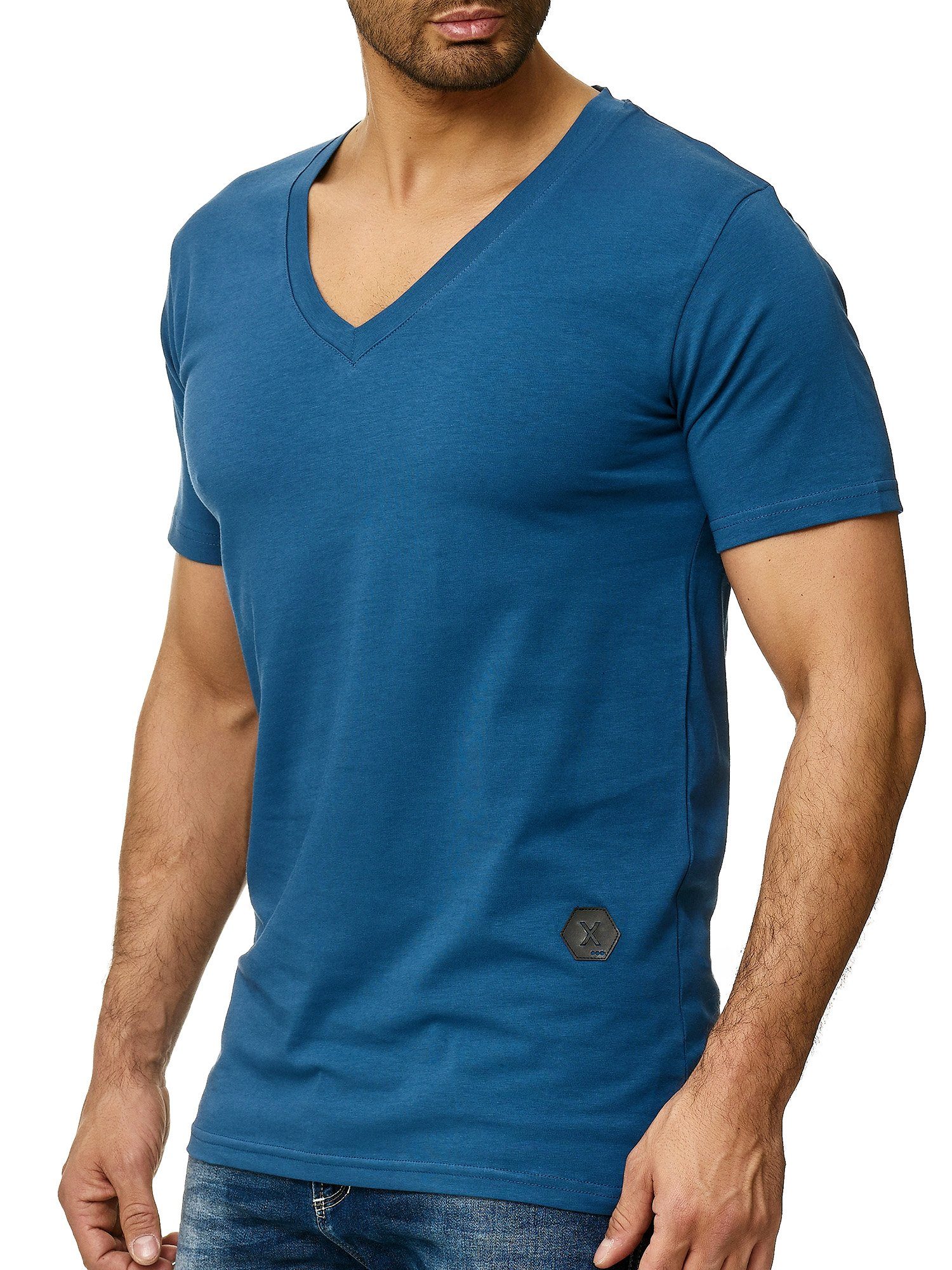 Kurzarmshirt Polo T-Shirt Blau Freizeit 1308C Casual Fitness OneRedox (Shirt 1-tlg) Tee,