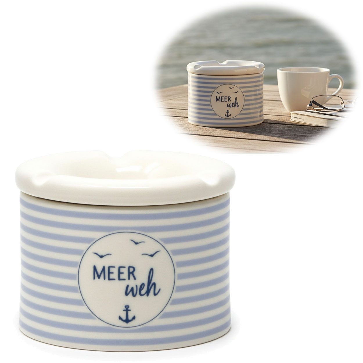LS-LebenStil Aschenbecher Sturmaschenbecher Meer-Weh 10x7,5cm Maritim Weiß Blau mit Deckel, Windaschenbecher Ashtray Tischaschenbecher Garten Balkon Deko