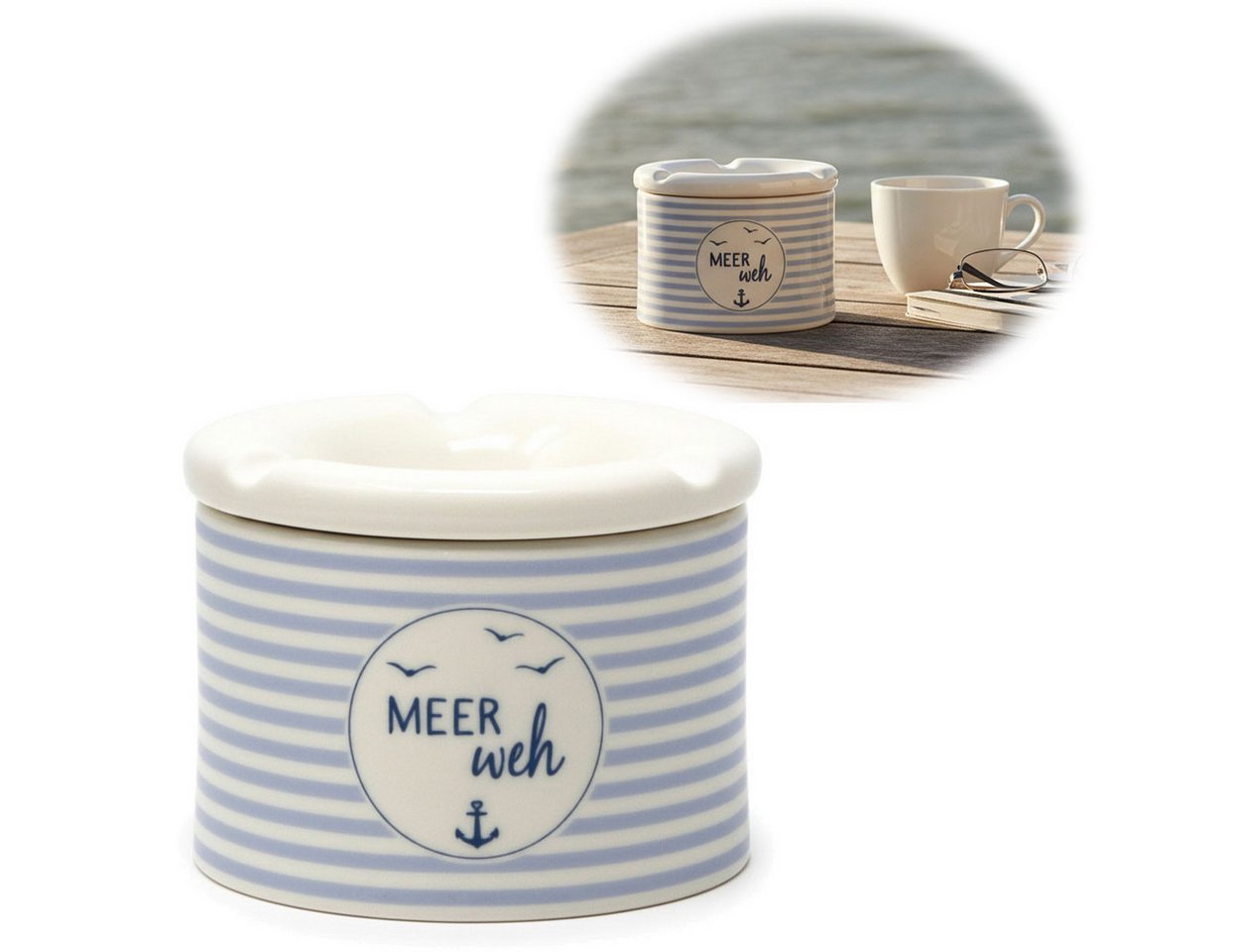 LS-LebenStil Aschenbecher Sturmaschenbecher Meer-Weh 10x7,5cm Maritim Weiß Blau mit Deckel, Windaschenbecher Ashtray Tischaschenbecher Garten Balkon Deko