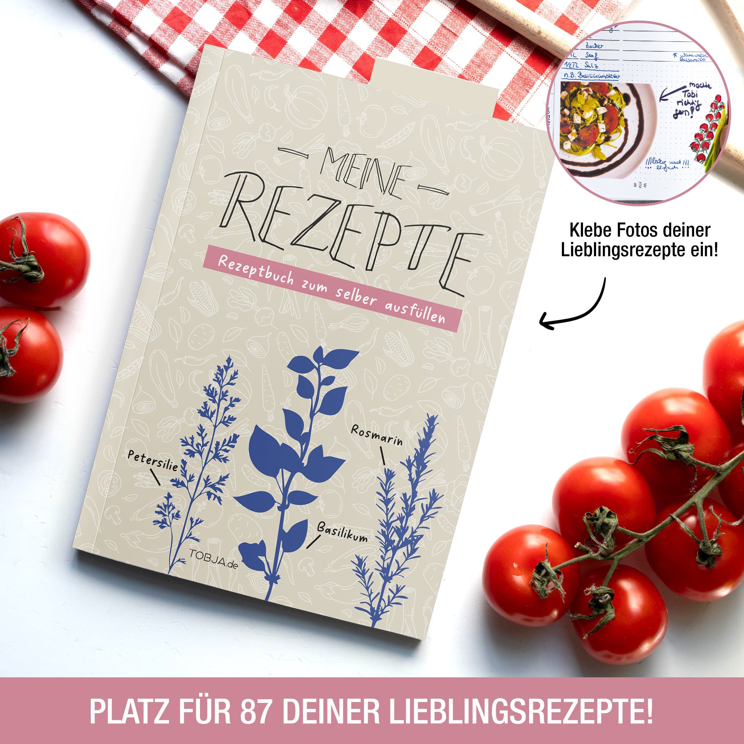 TOBJA Notizbuch Rezeptbuch zum selberschreiben DIN A5 mit Saisonkalender, Kochbuch zum selbst eintragen & gestalten, Softcover